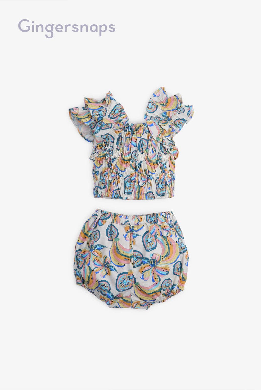جينجرسنابس طقم قطعتين بلوزة منقوشة مكشكشة وشورت بناتي متعدد الألوان