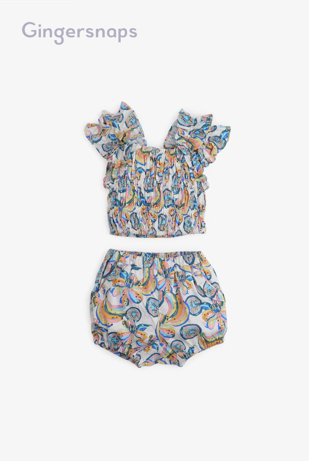 جينجرسنابس طقم قطعتين بلوزة منقوشة مكشكشة وشورت بناتي متعدد الألوان