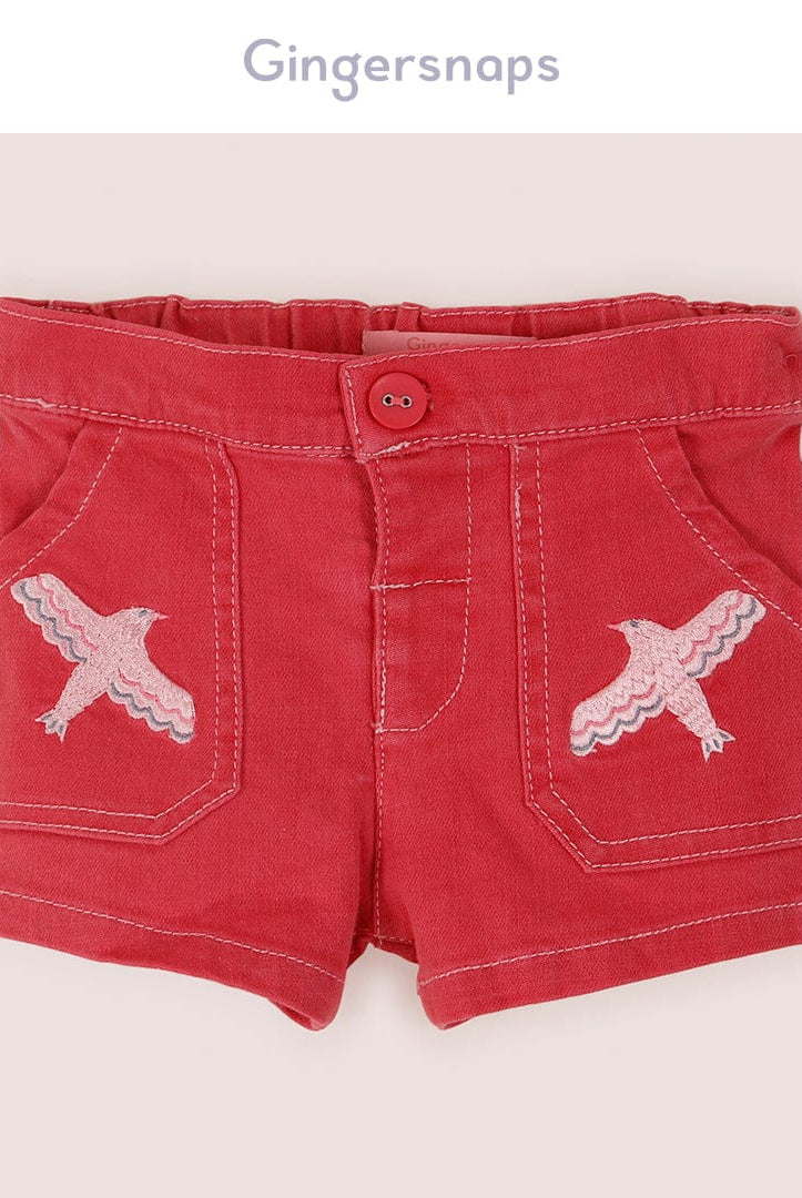 جينجرسنابس شورت جينز بجيوب مطرز بخيوط رضع بناتي أحمر ناعم