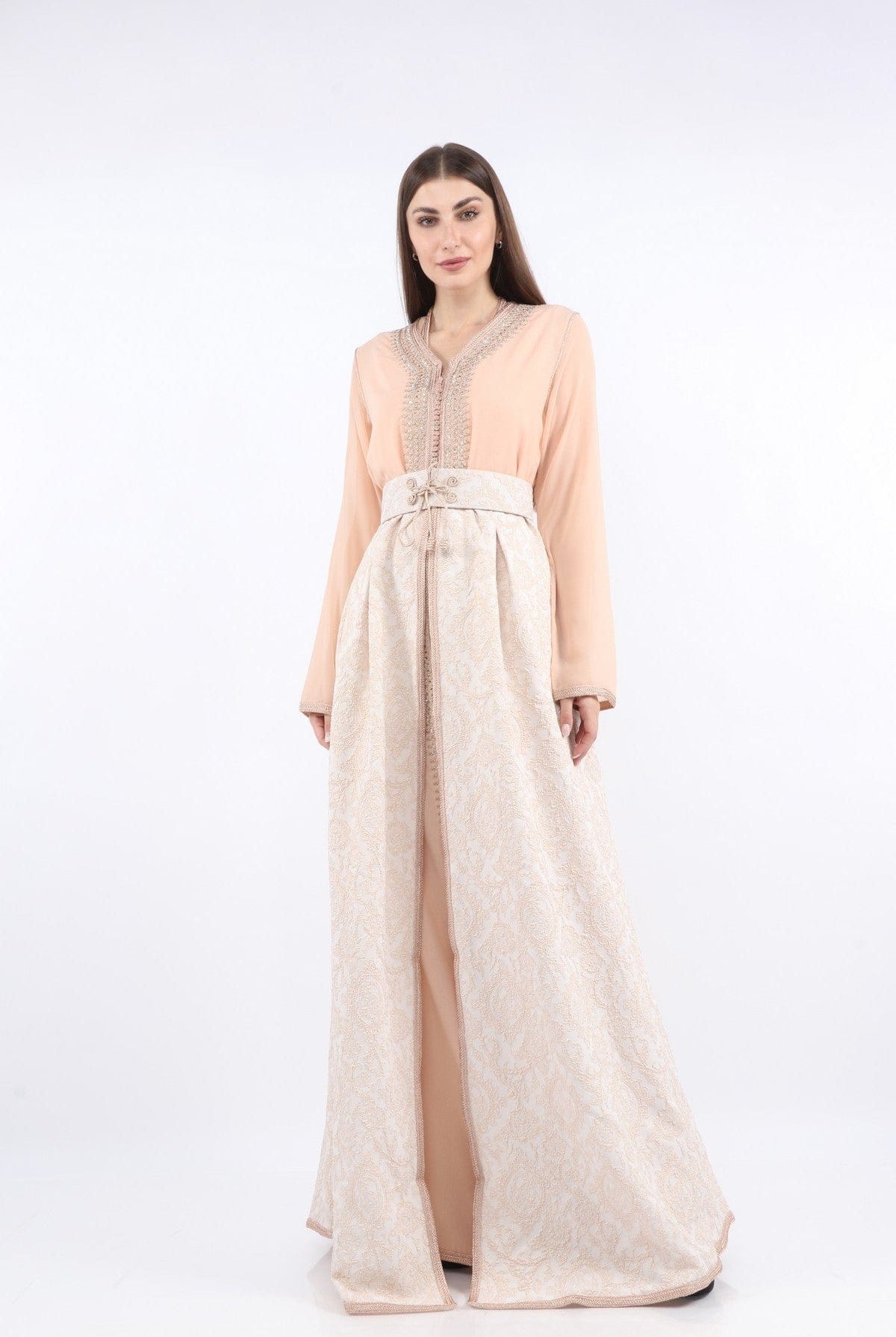 ديامانتين قفطان كم طويل نسائي بحزام خصر ومنفوش من تحت وردي فاتح