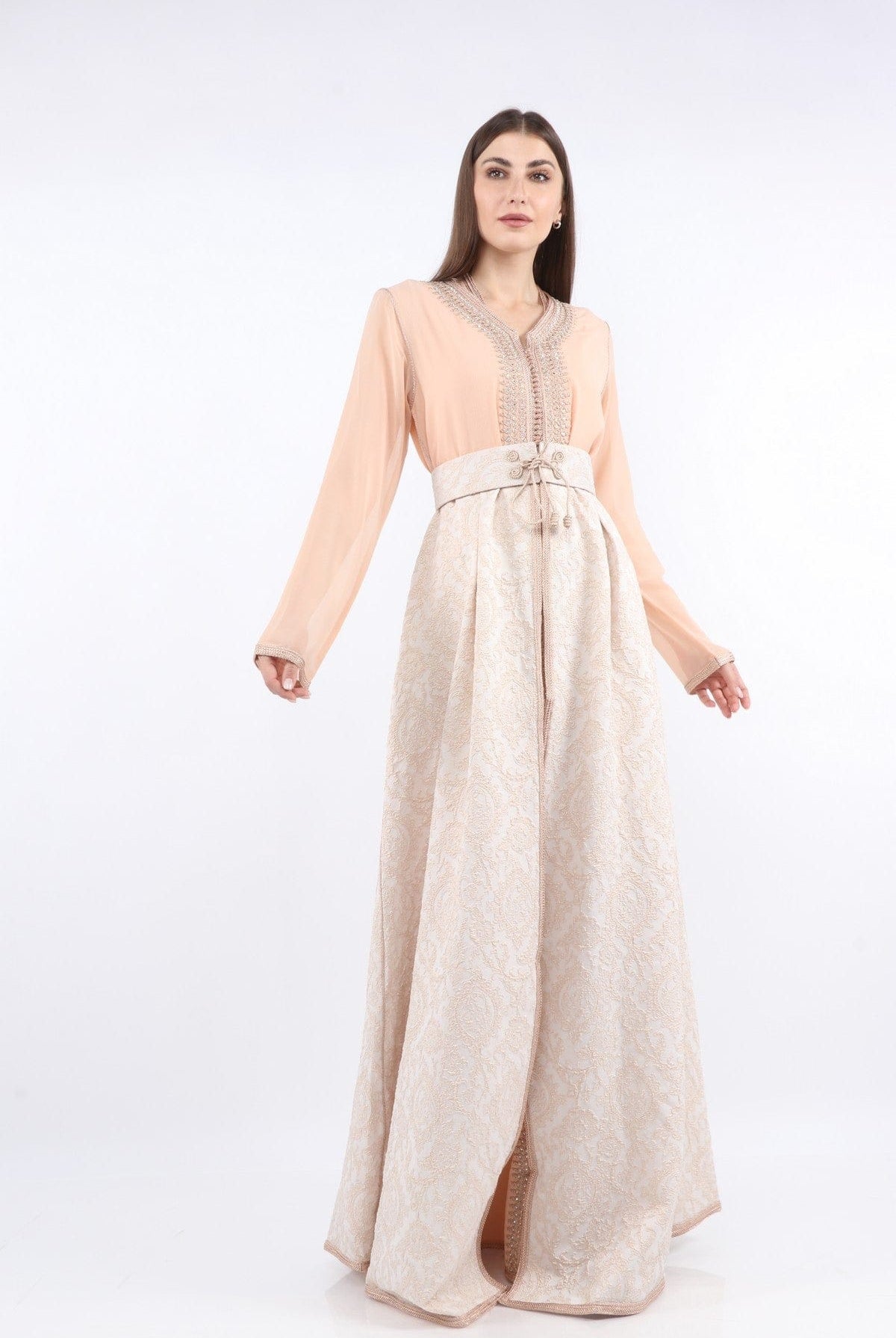 ديامانتين قفطان كم طويل نسائي بحزام خصر ومنفوش من تحت وردي فاتح