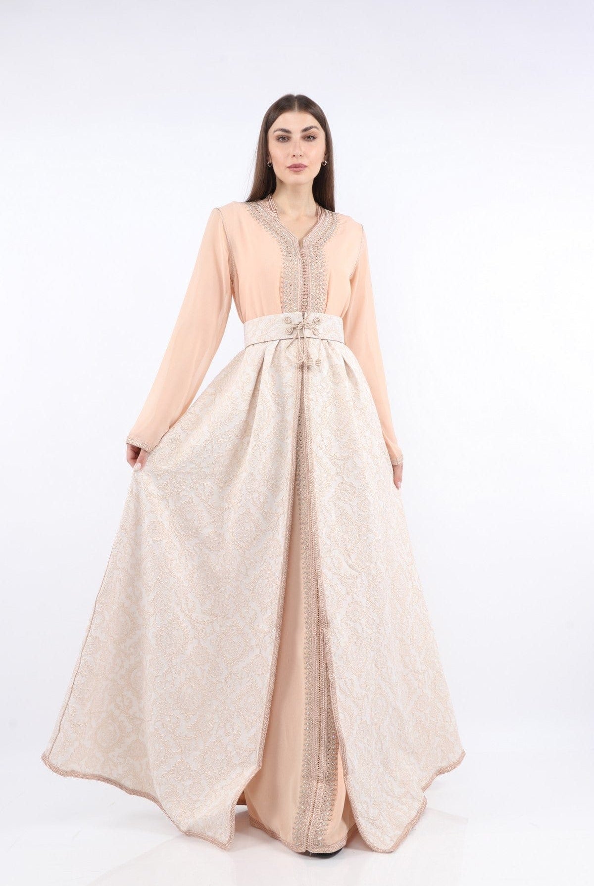 ديامانتين قفطان كم طويل نسائي بحزام خصر ومنفوش من تحت وردي فاتح