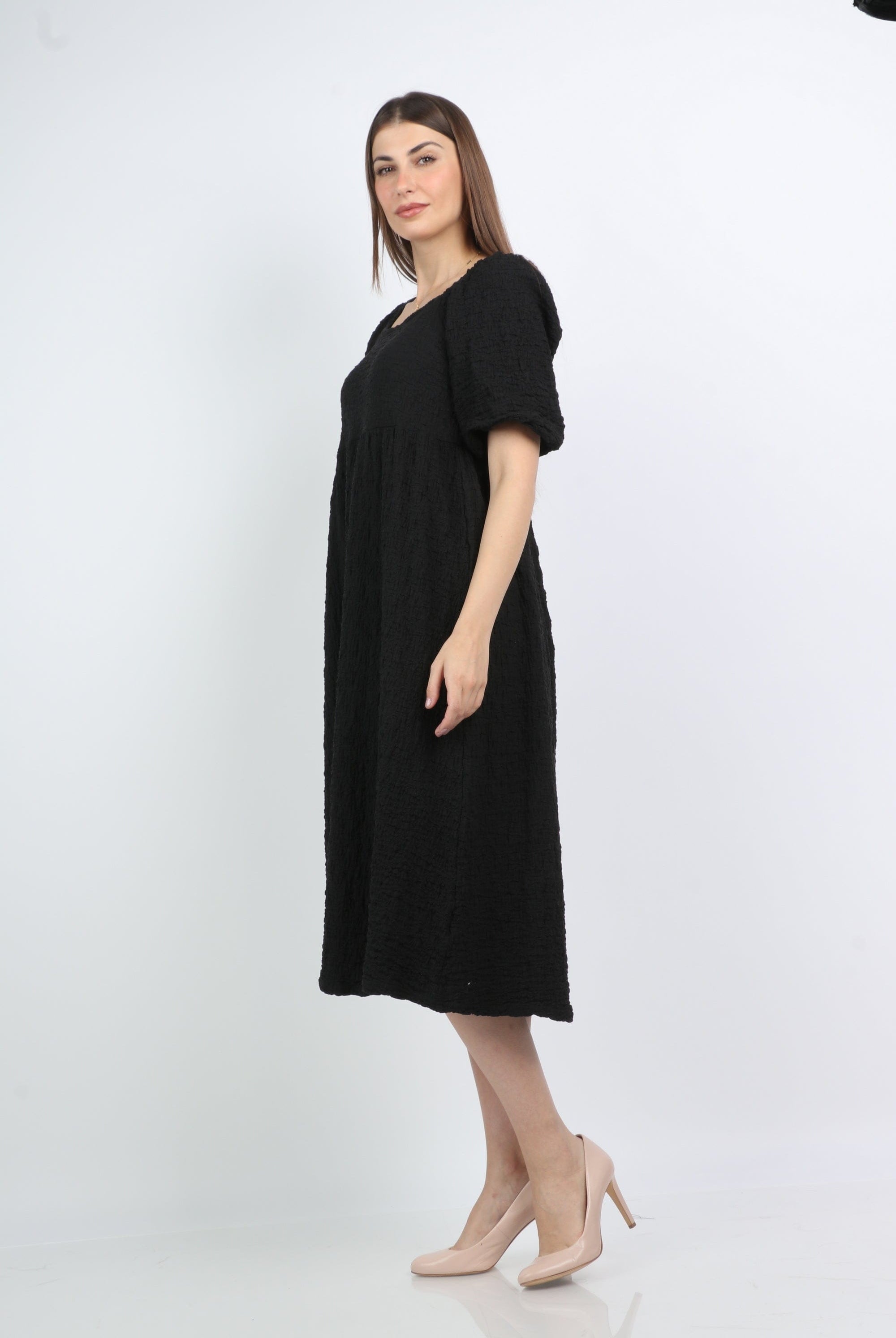 ميكا فستان ميدي بياقة مربعة سادة كم قصير منفوش