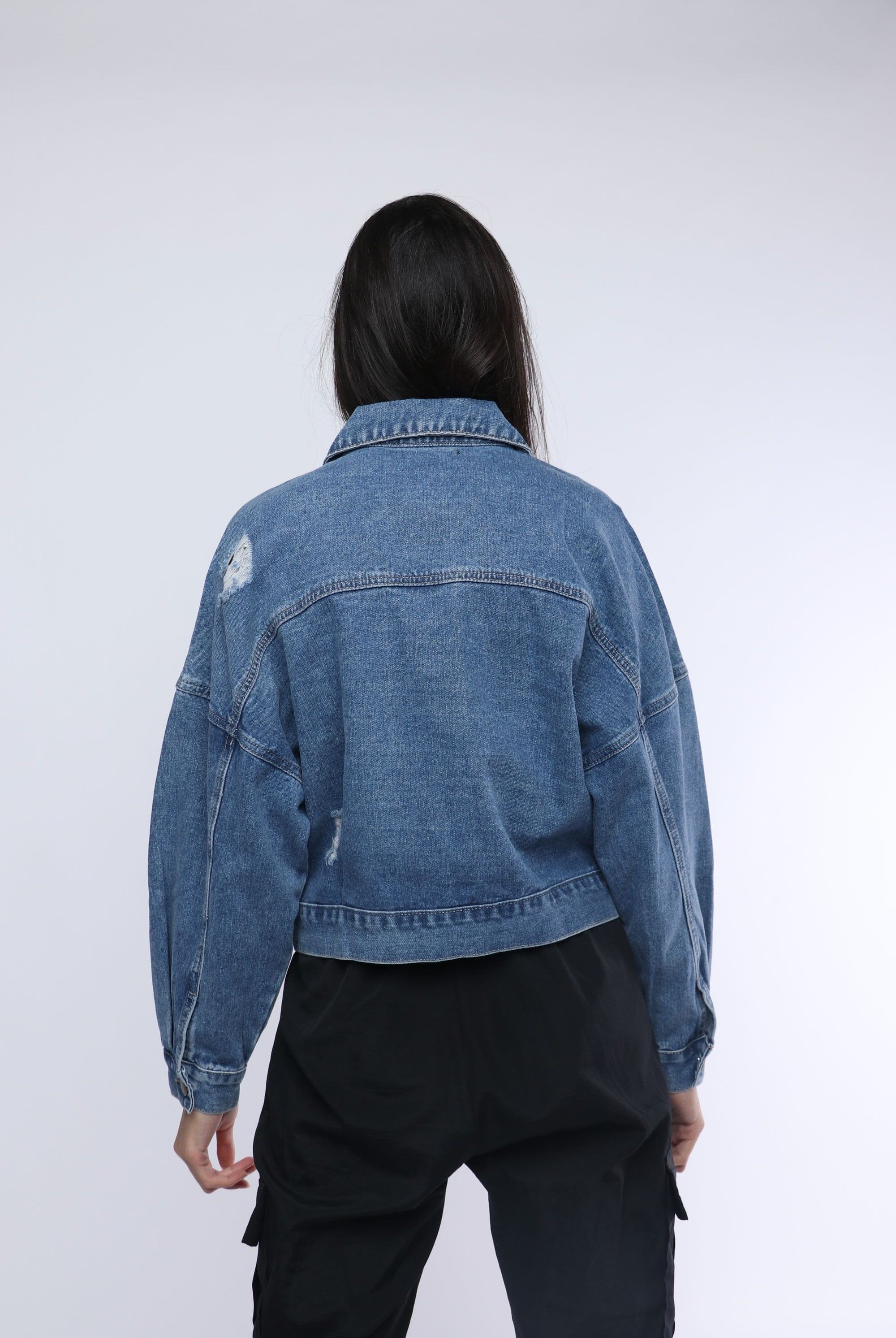 نتشي سترة جينز أوفر سايز بأزرار بأكمام طويلة