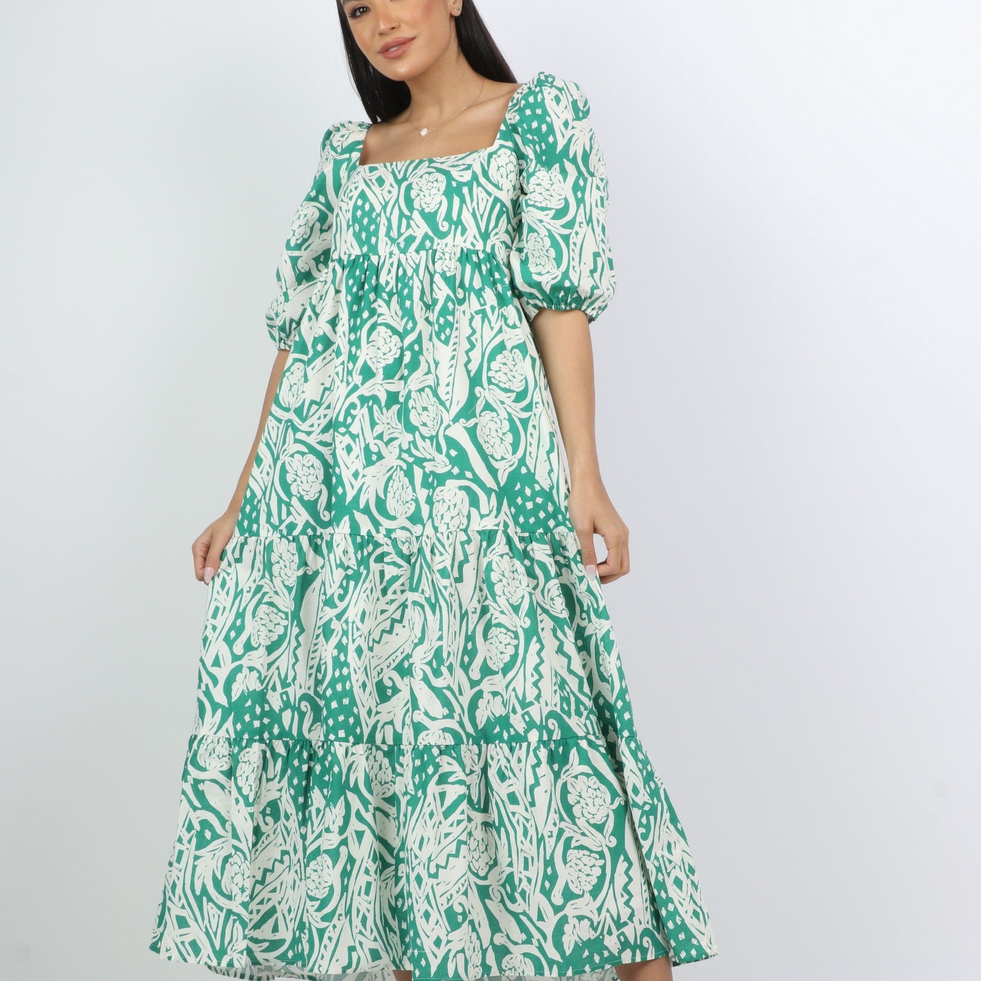 نتشي فستان ميدي منقوش واسع بصدر مربع 3/4 كم