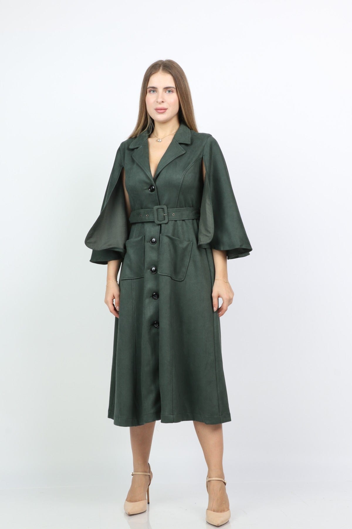 نتشي فستان ميدي بأزرار أمامية بحزام بكم على شكل فراشة