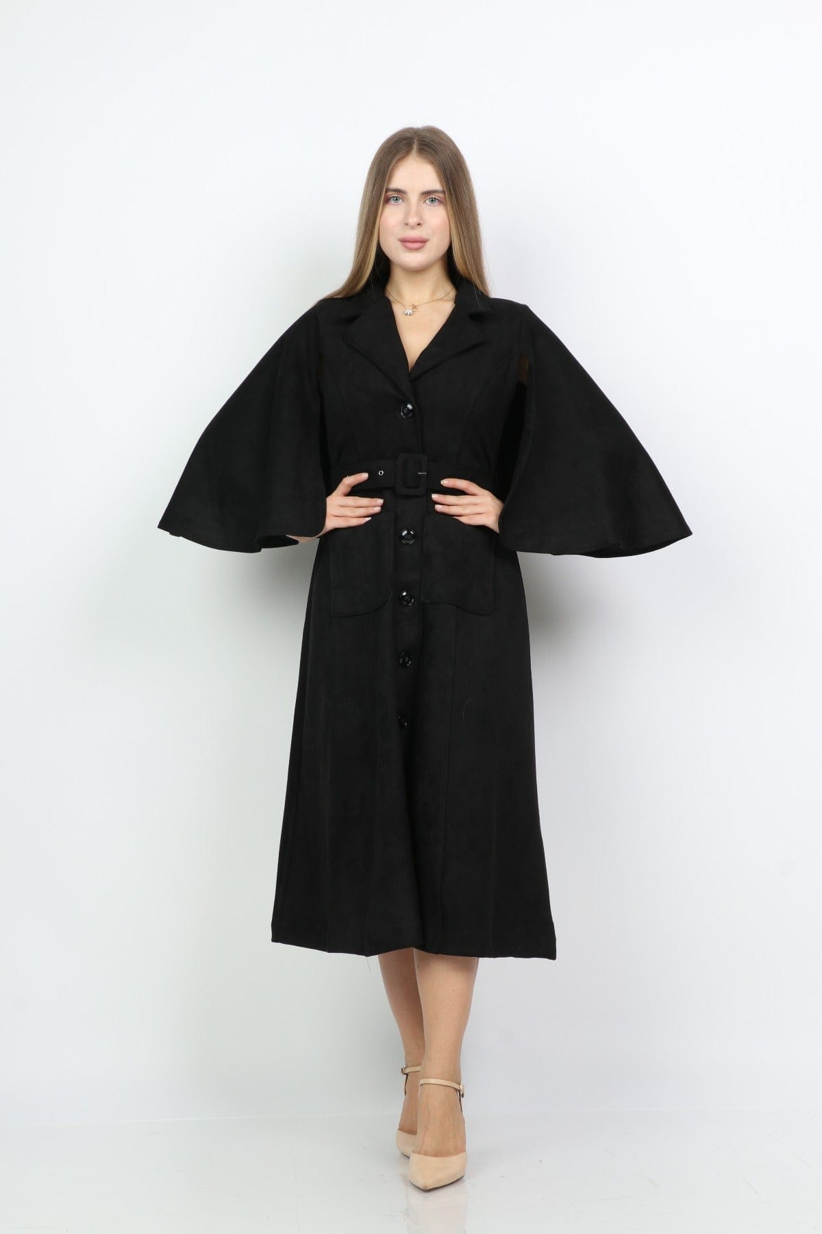 نتشي فستان ميدي بأزرار أمامية بحزام بكم على شكل فراشة