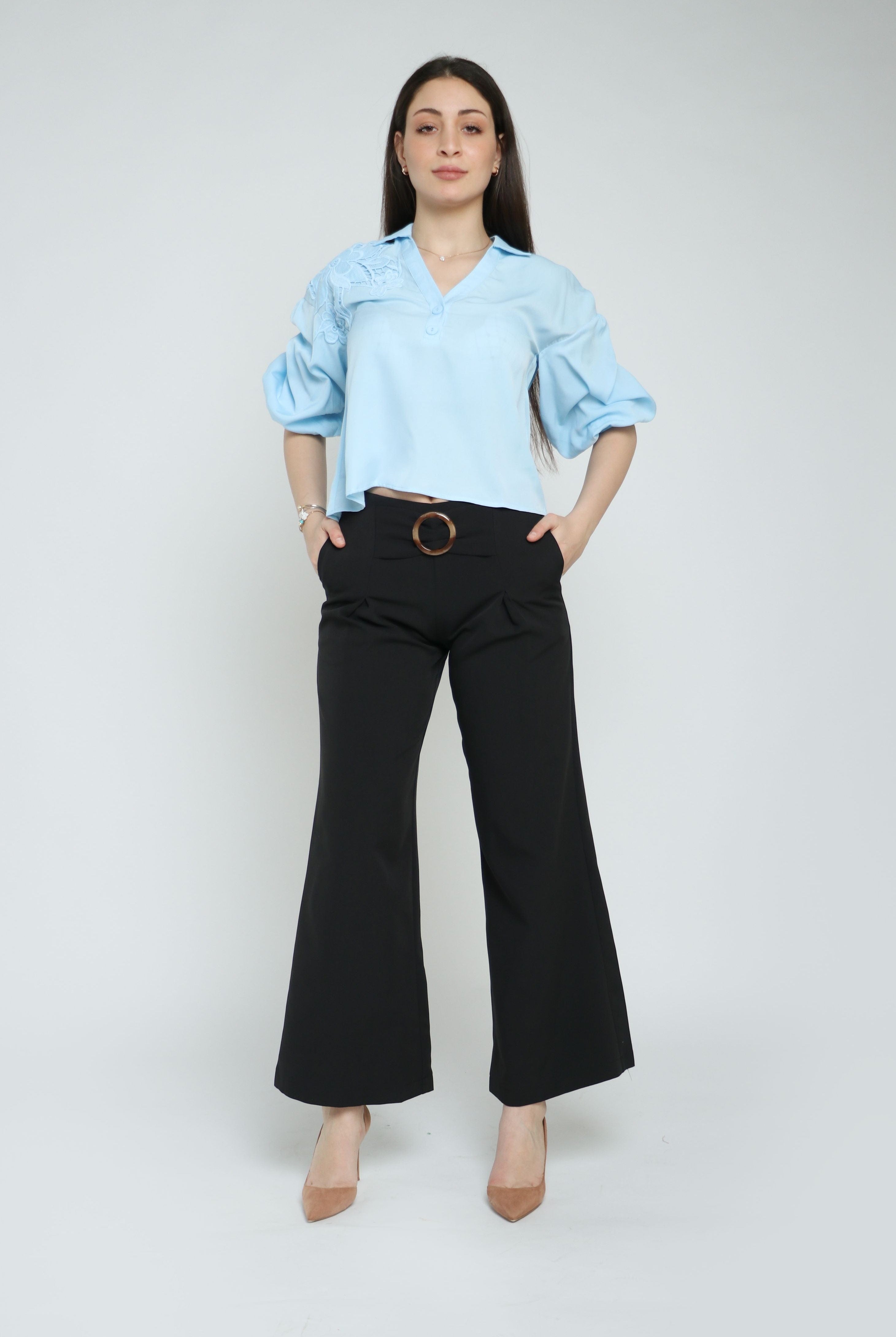 نتشي بنطلون سادة واسع طويل بفيونكة مع حلقة طويل نسائي