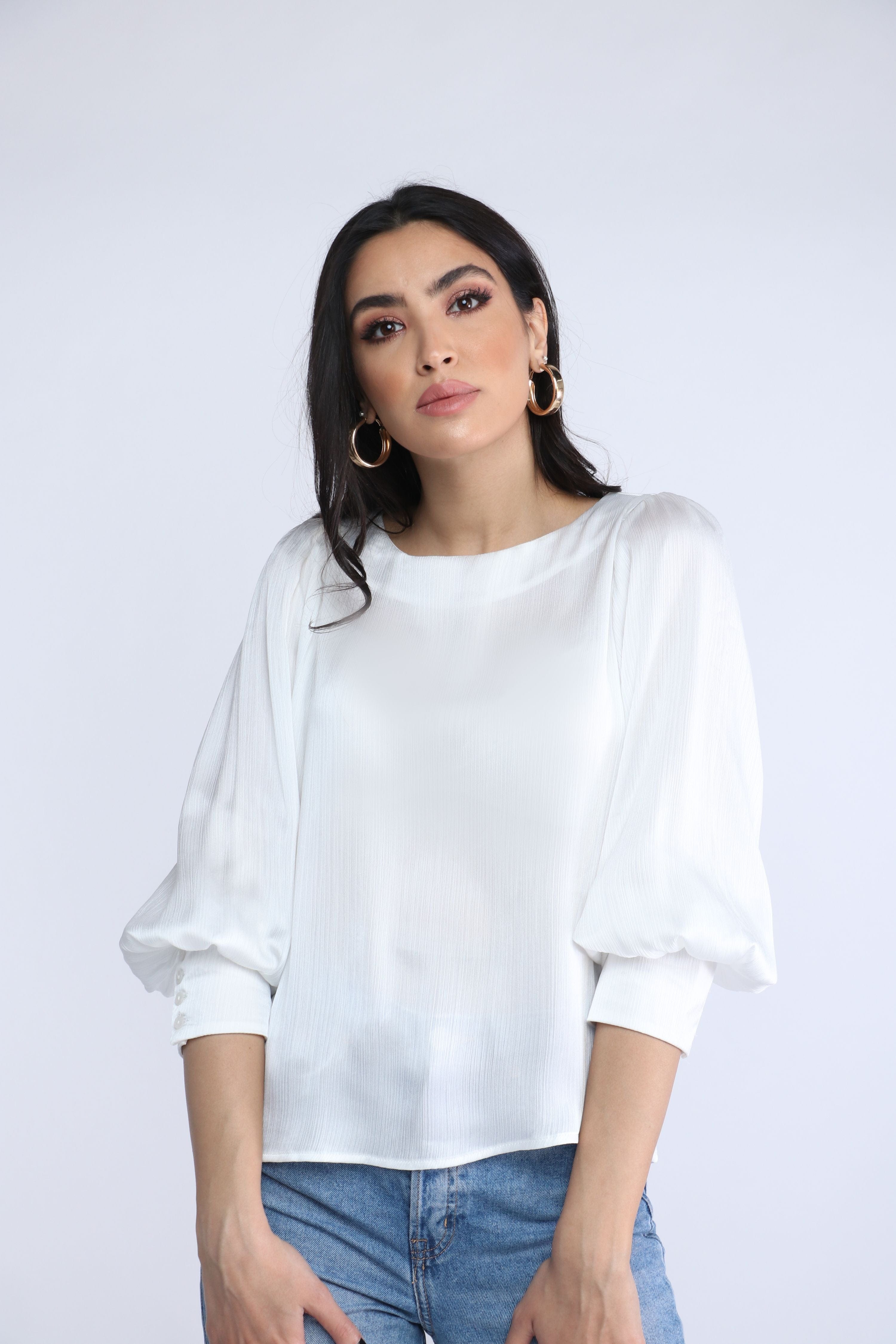 نتشي بلوزة رسمية سادة 3/4 كم منفوخ بأساور مع أزرار نسائي