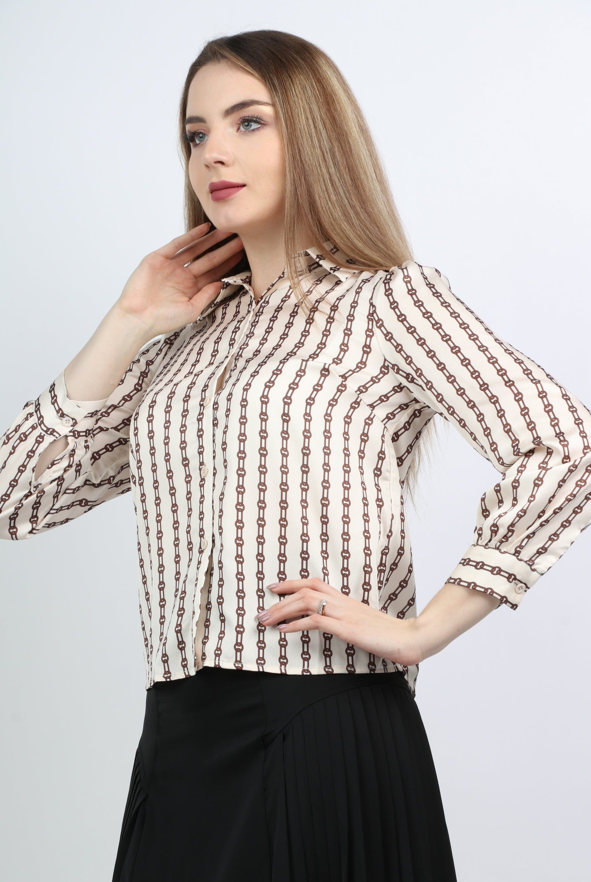 نتشي قميص منقوش نسائي بياقة طويلة