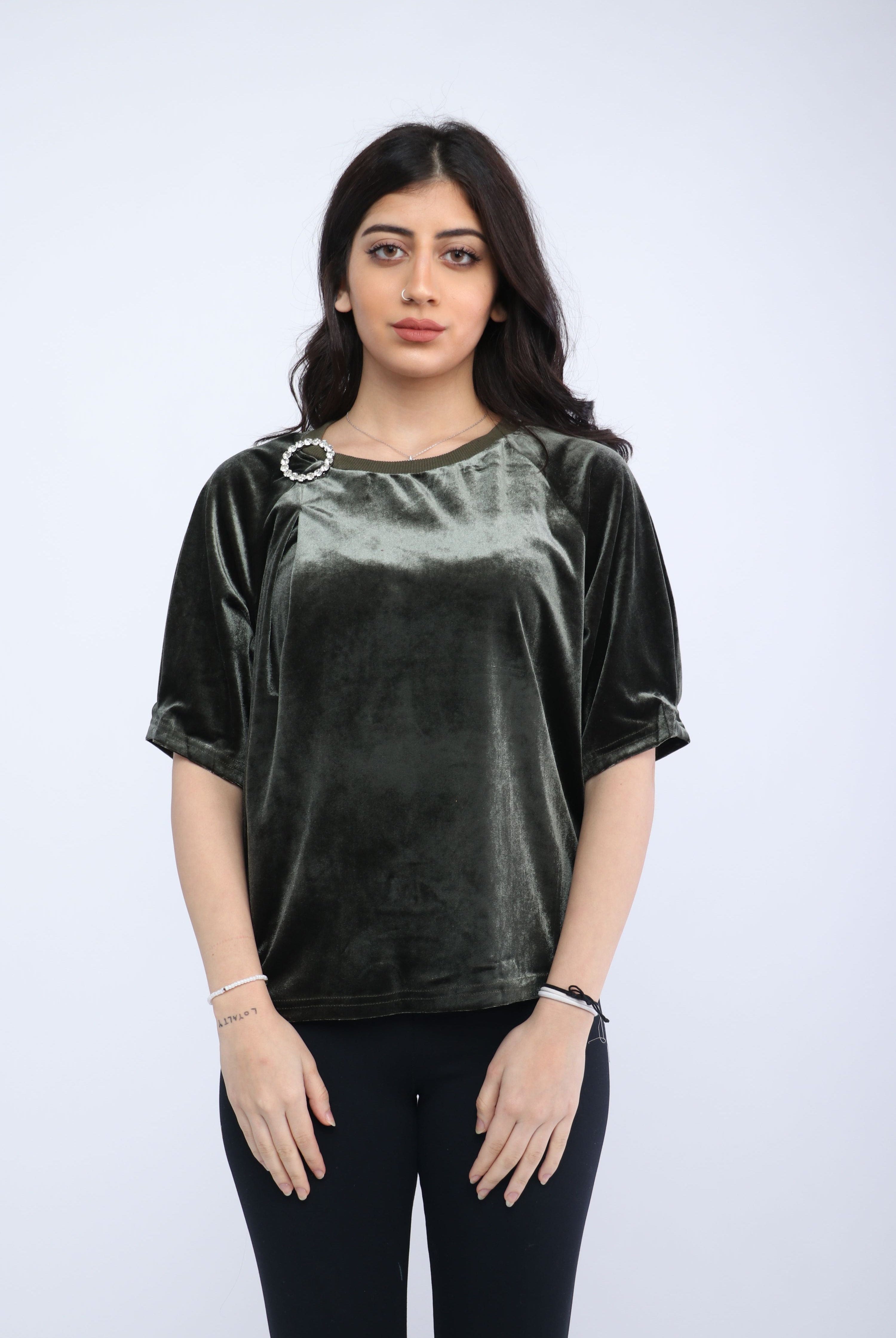 ميكا بلوزة نسائي سادة 3/4 كم ورقبة دائرية أخضر جيشي