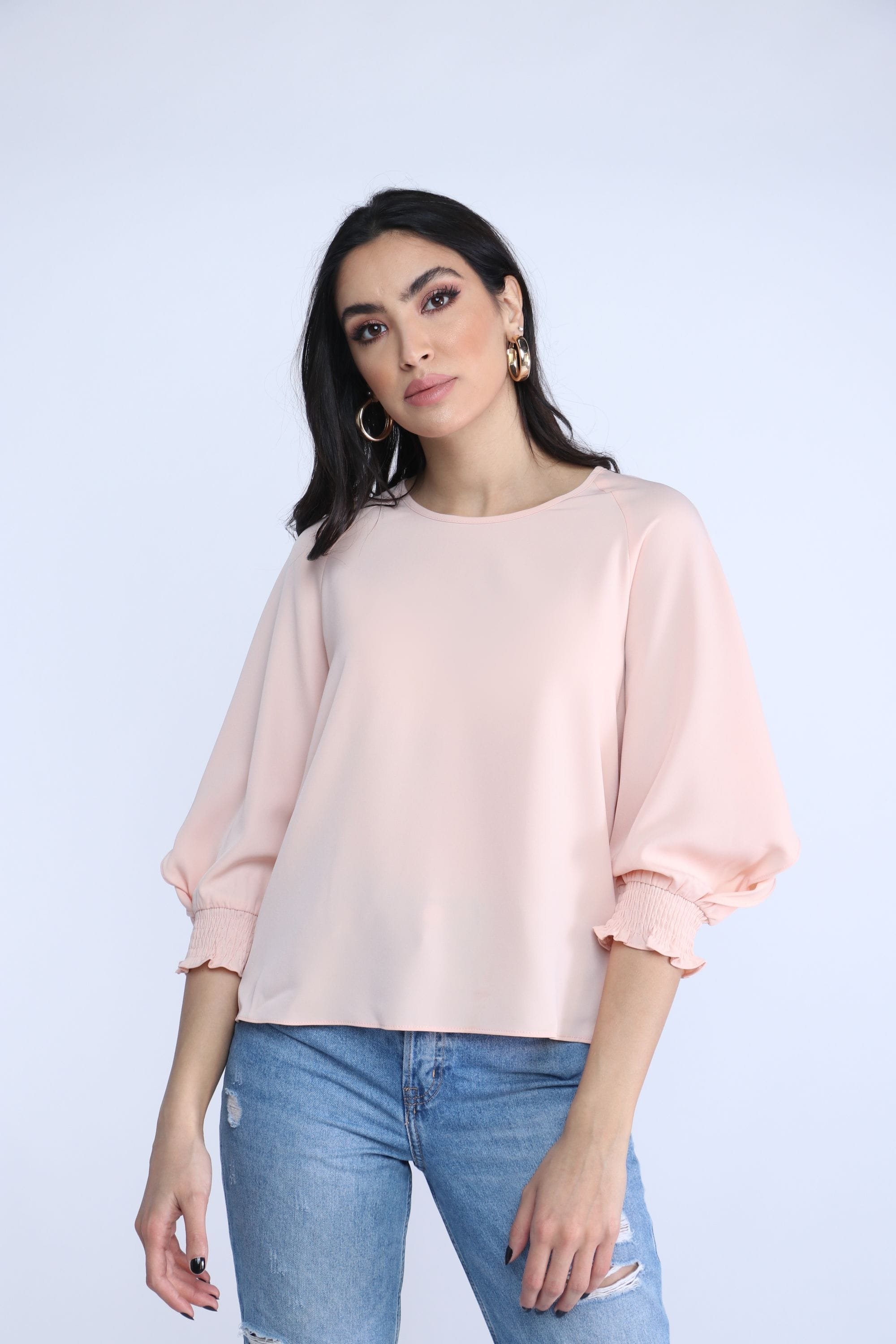 نتشي بلوزة سادة 3/4 كم أساور مكشكشة نسائي