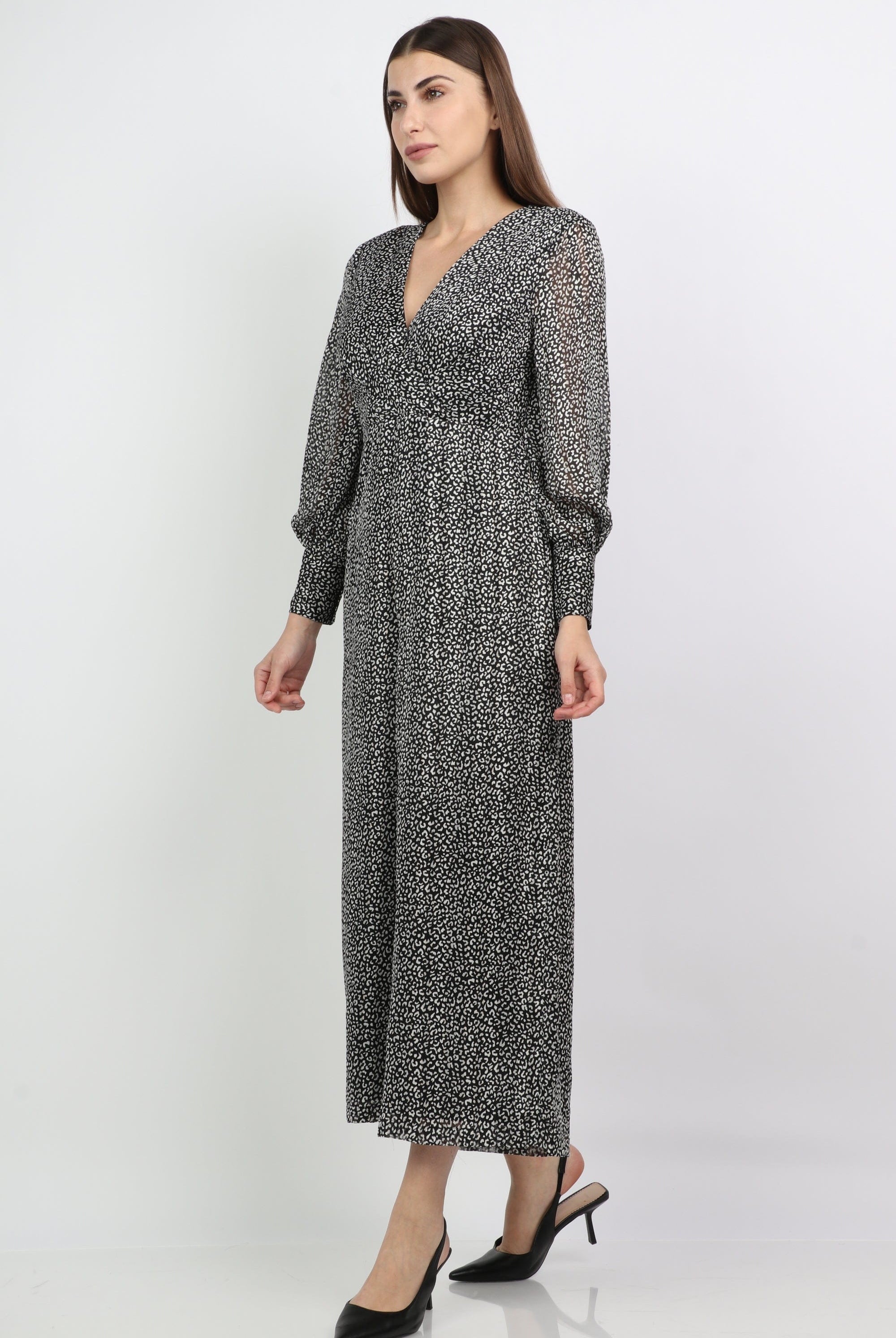 ميكا جمبسوت سهرة فخم منقوش بأكمام طويلة منقط أزرق وأسود