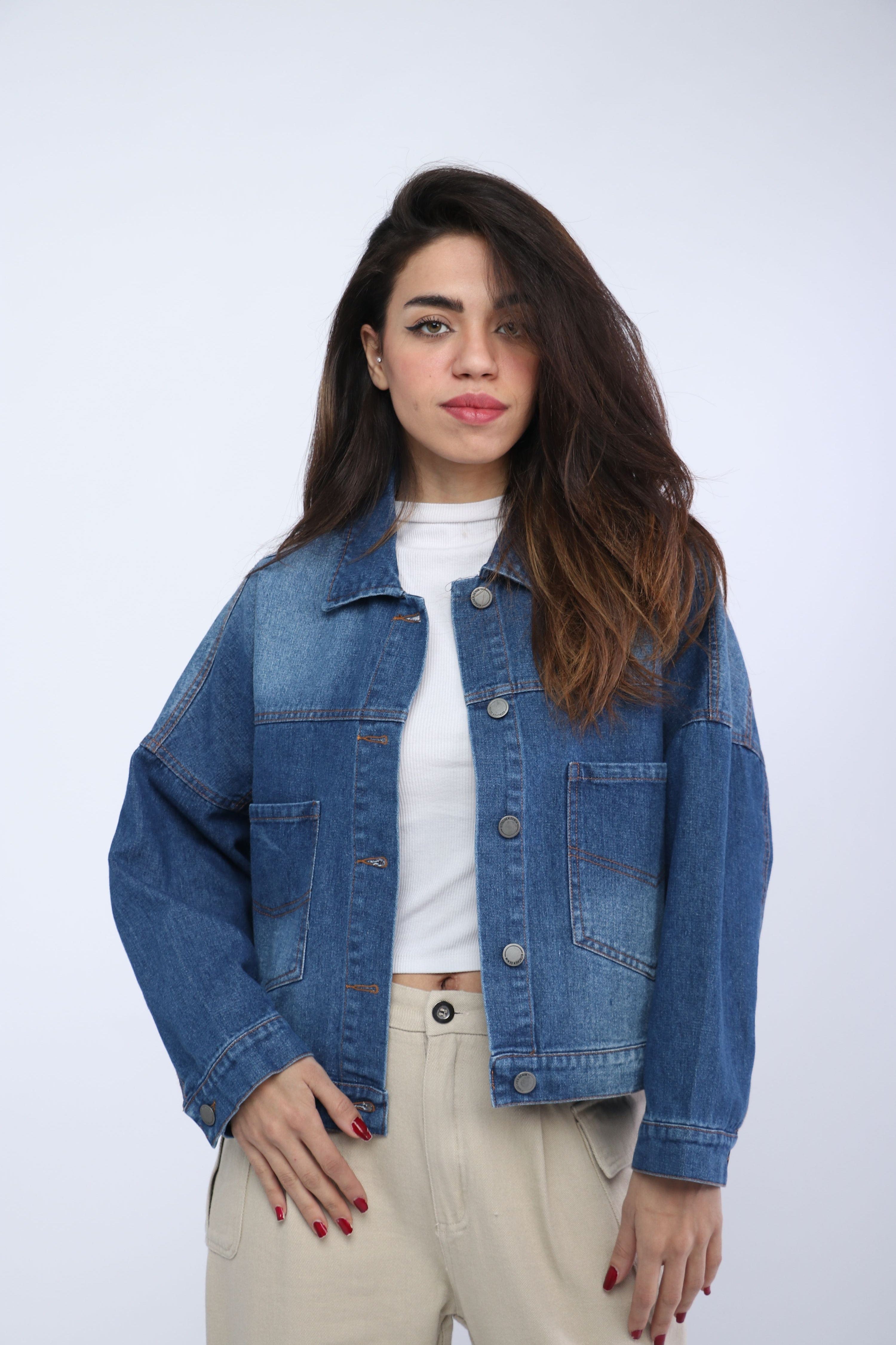 كيتشن جاكيت واسع بأزرار أمامية معدنية كم طويل نسائي أزرق داكن