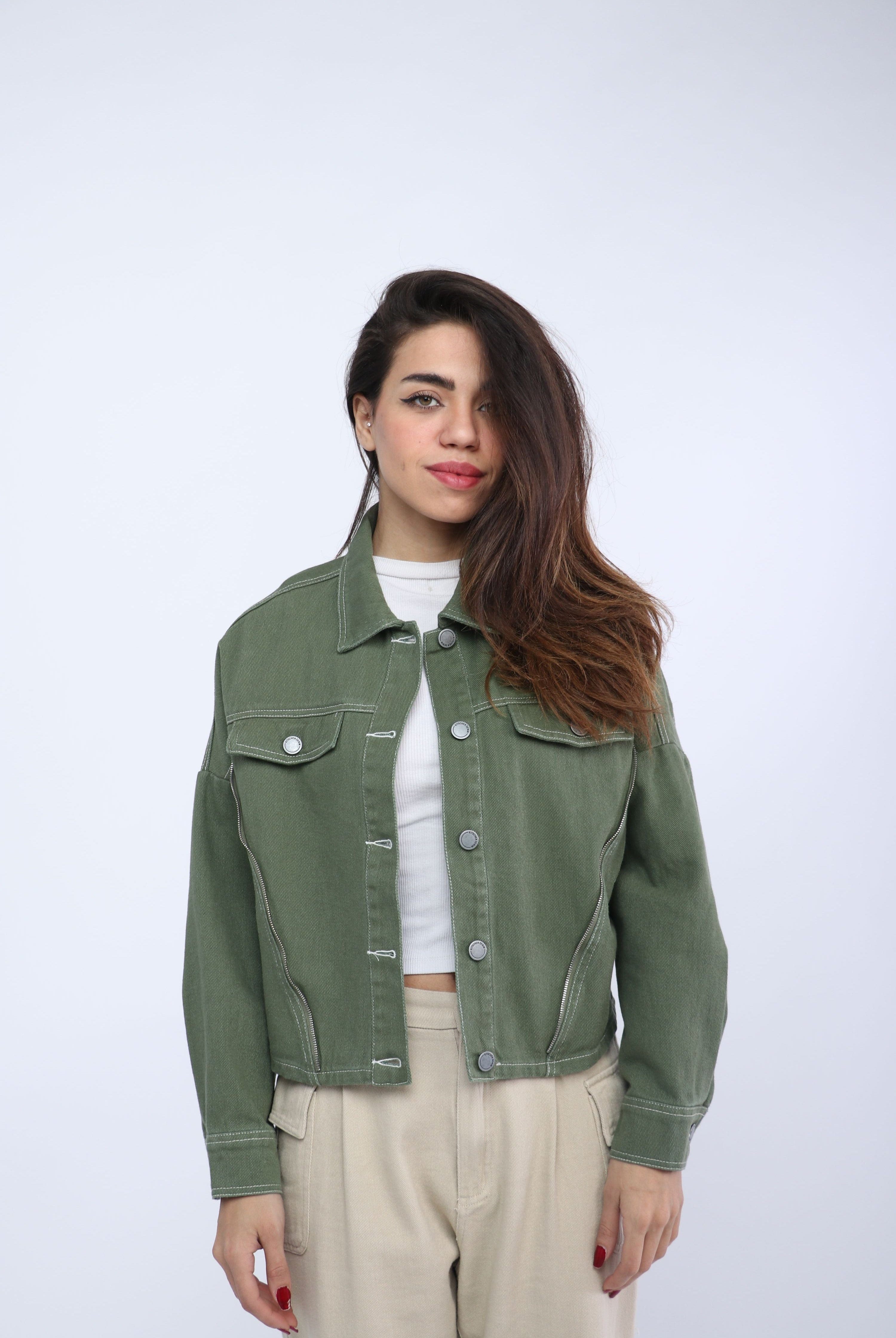 كيتشن جاكت جينز بأزرار أمامية معدنية وياقة كم طويل نسائي