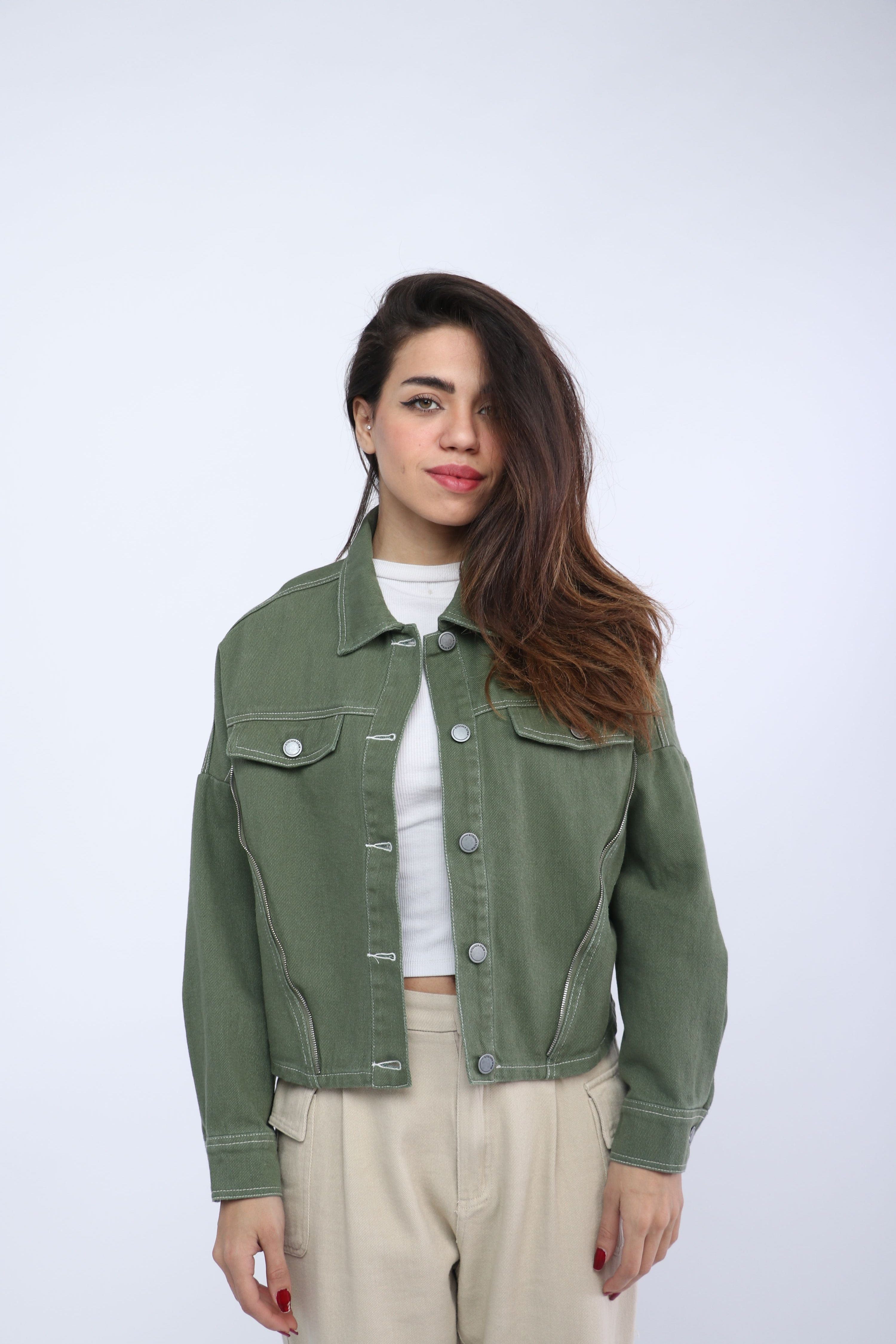 كيتشن جاكت جينز بأزرار أمامية معدنية وياقة كم طويل نسائي