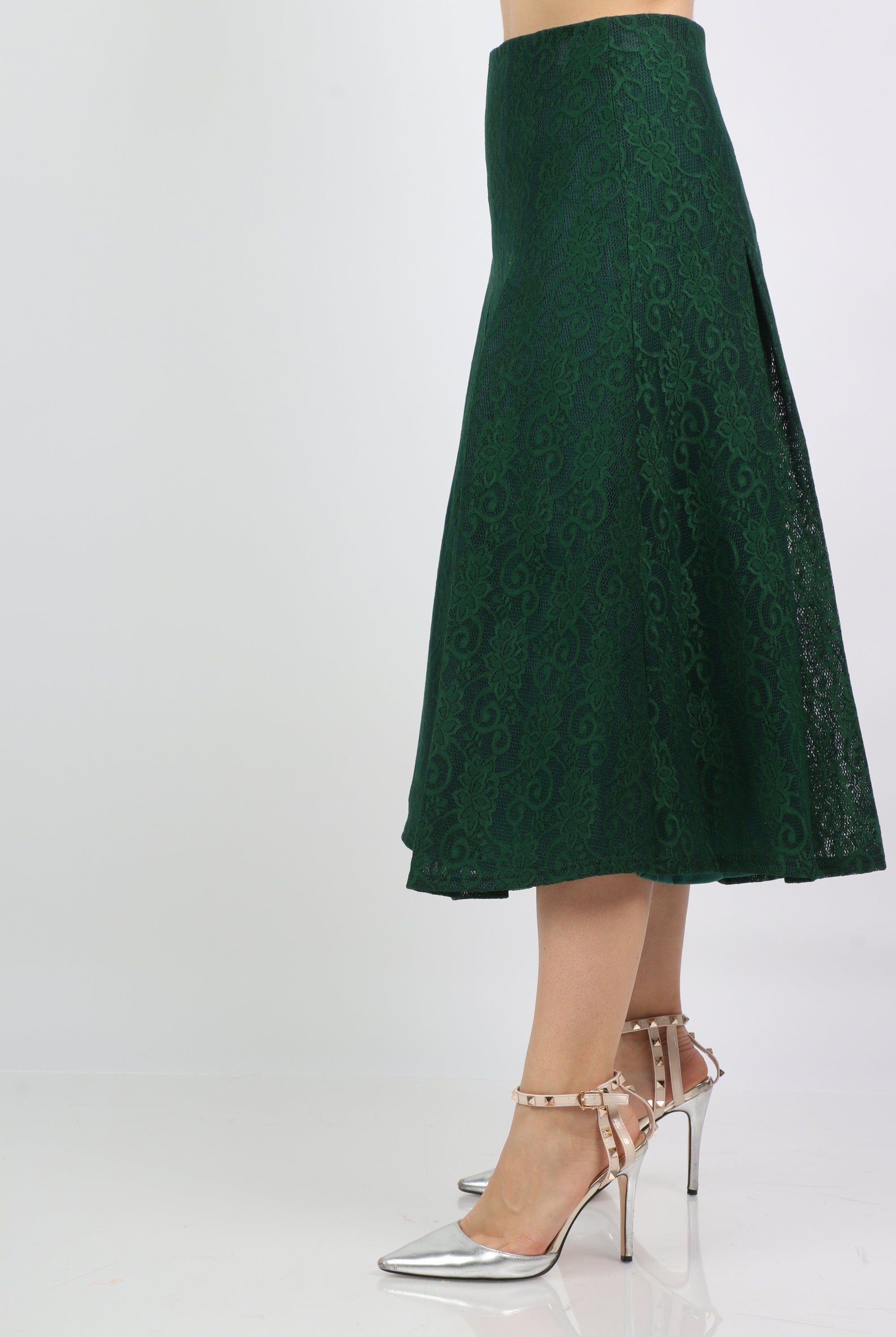 نتشي تنورة ميدي دانتيل واسعة مزينة بكسرات