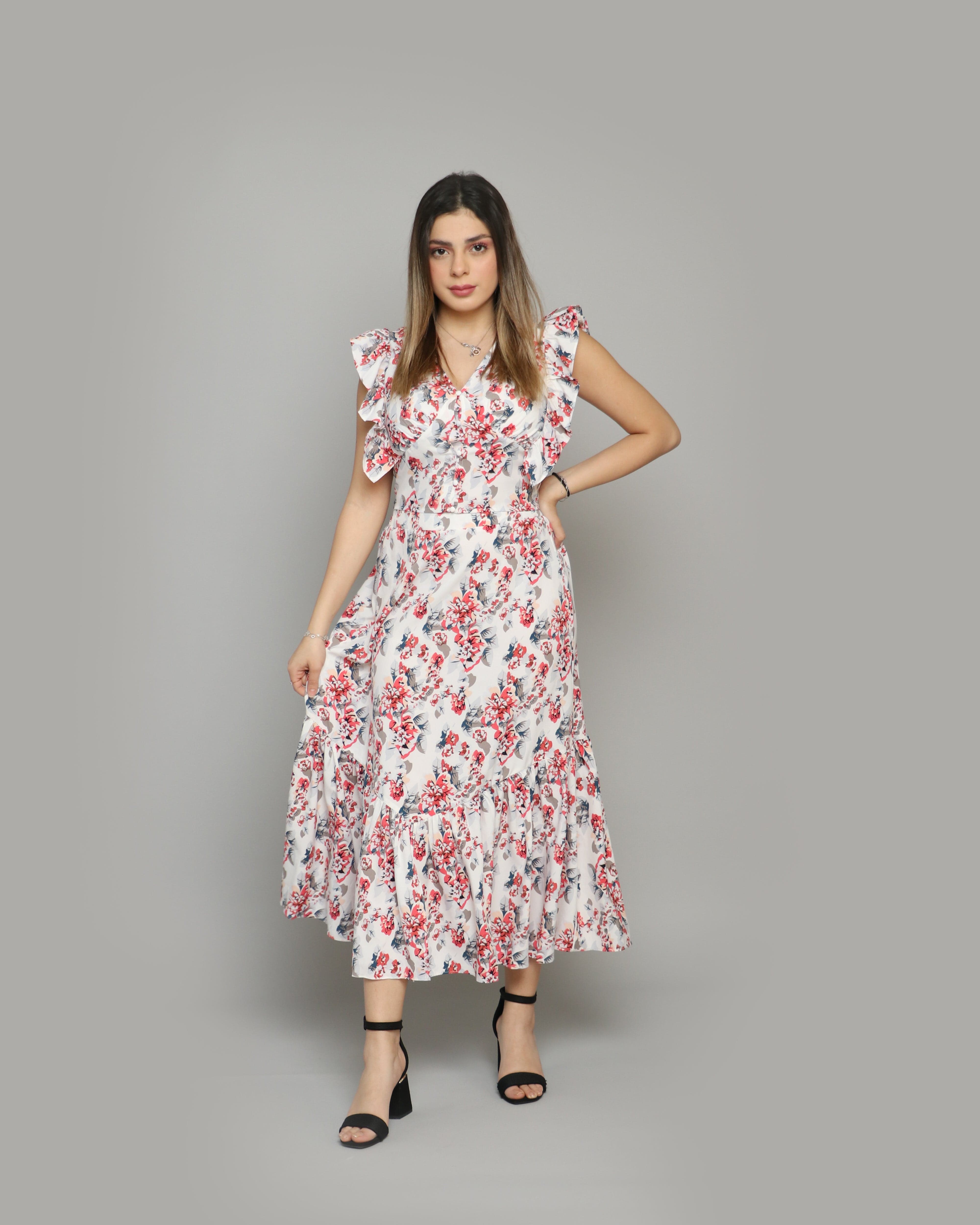 ميكا تنورة ميدي مشجرة بطبعة ورود صغيرة ذيل كلوش