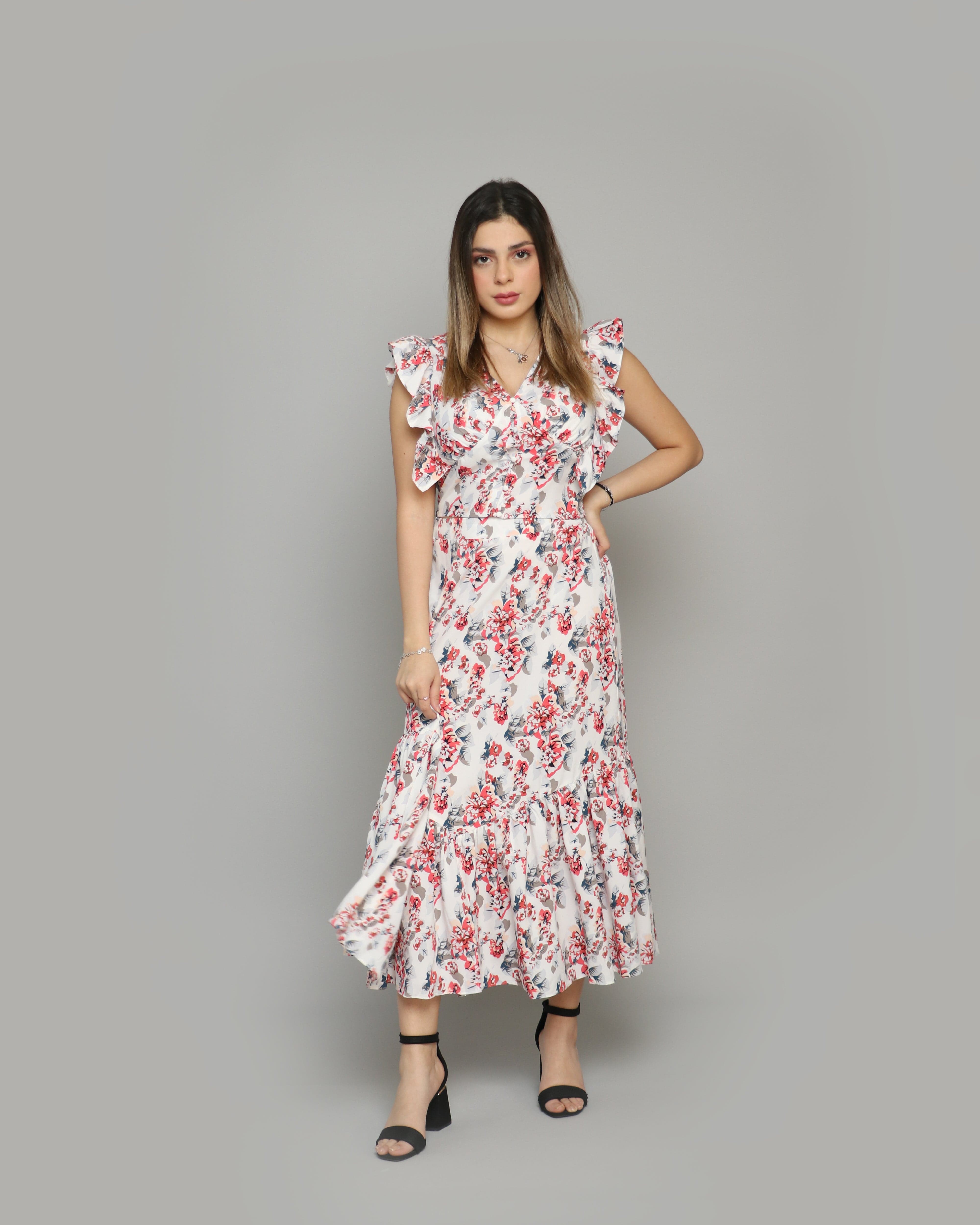 ميكا تنورة ميدي مشجرة بطبعة ورود صغيرة ذيل كلوش