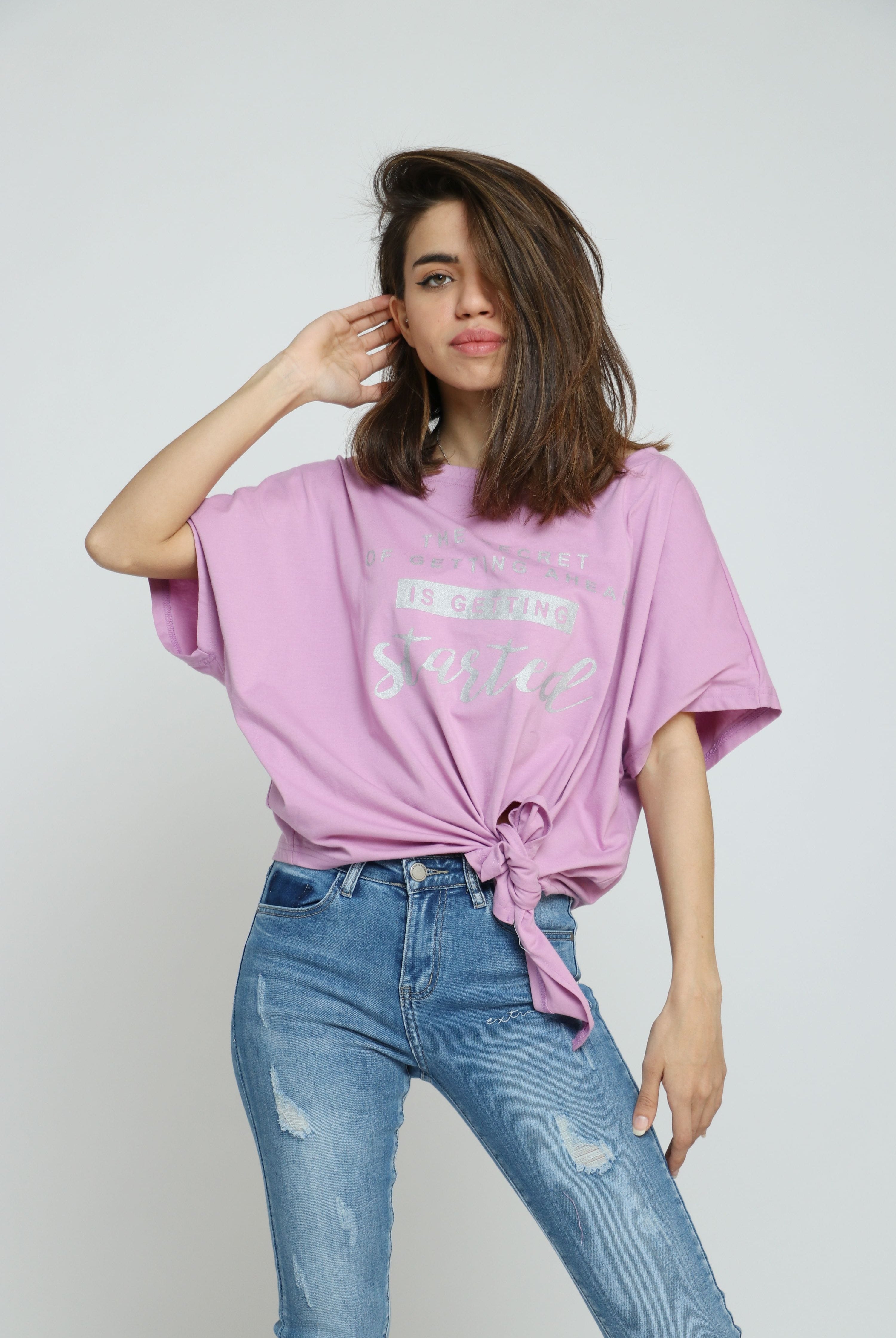 ميكا بلوزة بأكمام قصيرة اوفر سايز مطبوعة