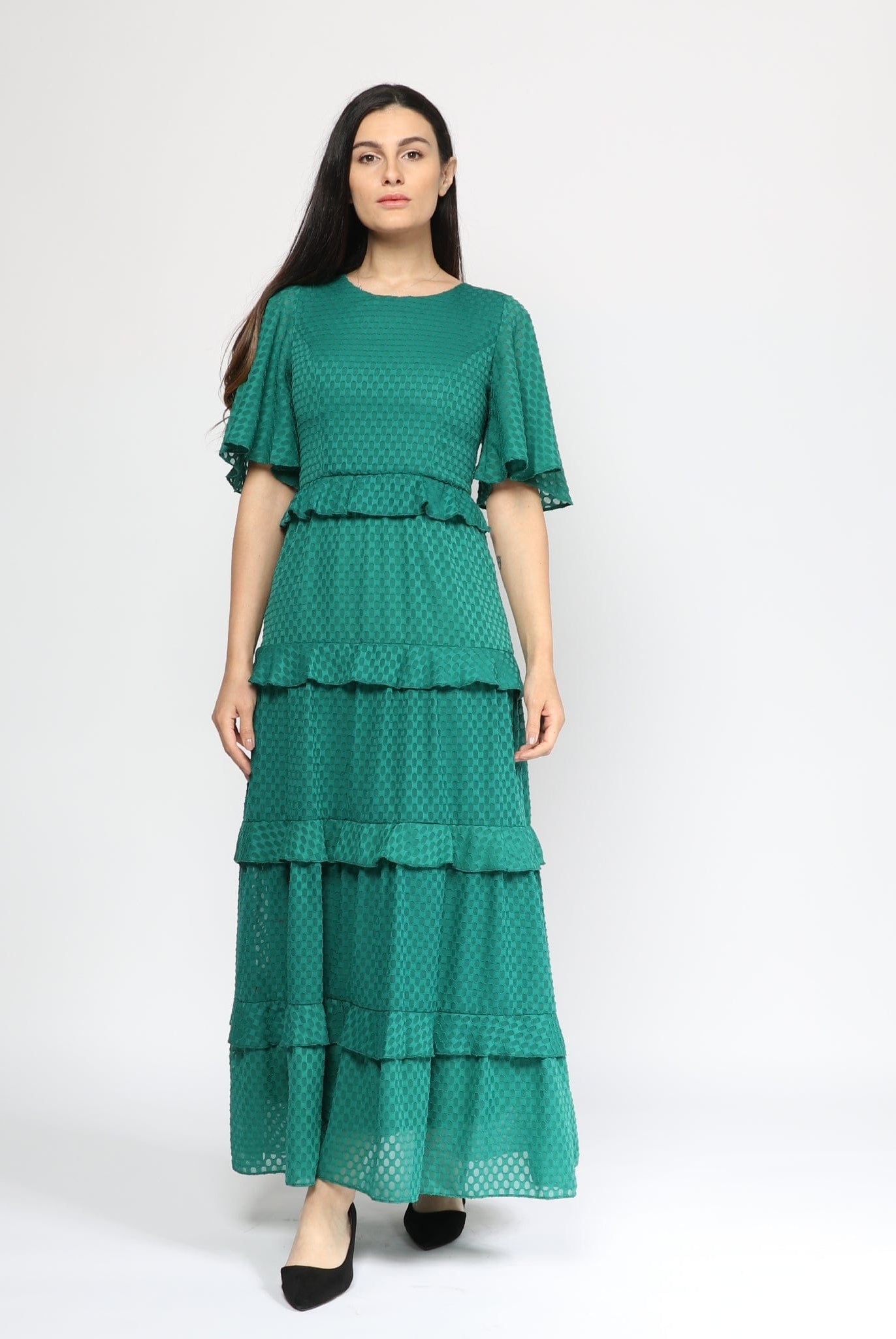 نتشي فستان واسع ماكسي برقبة دائرية طبقات