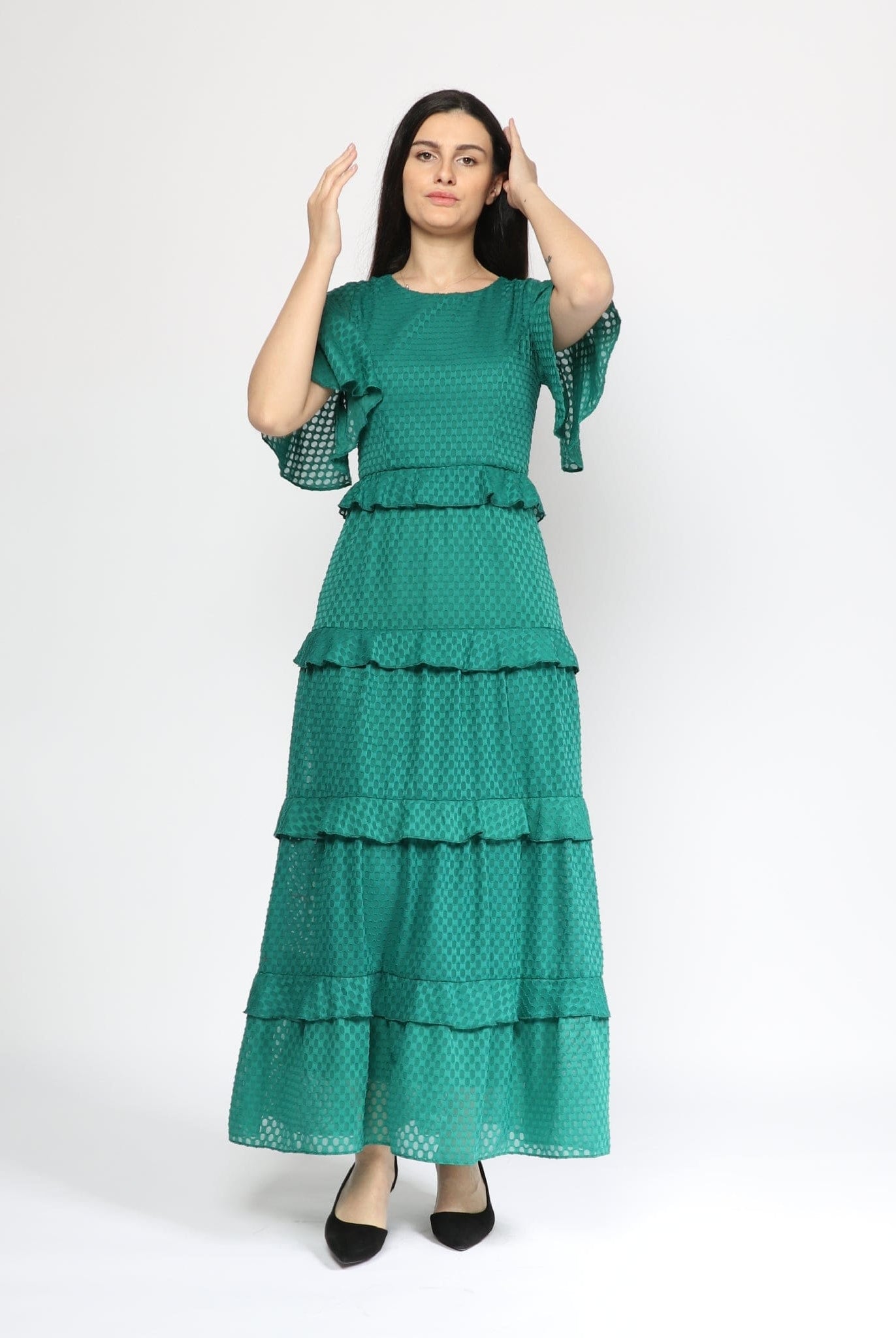 نتشي فستان واسع ماكسي برقبة دائرية طبقات