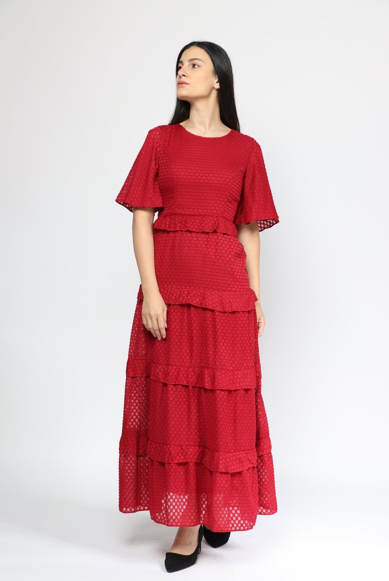 نتشي فستان واسع ماكسي برقبة دائرية طبقات