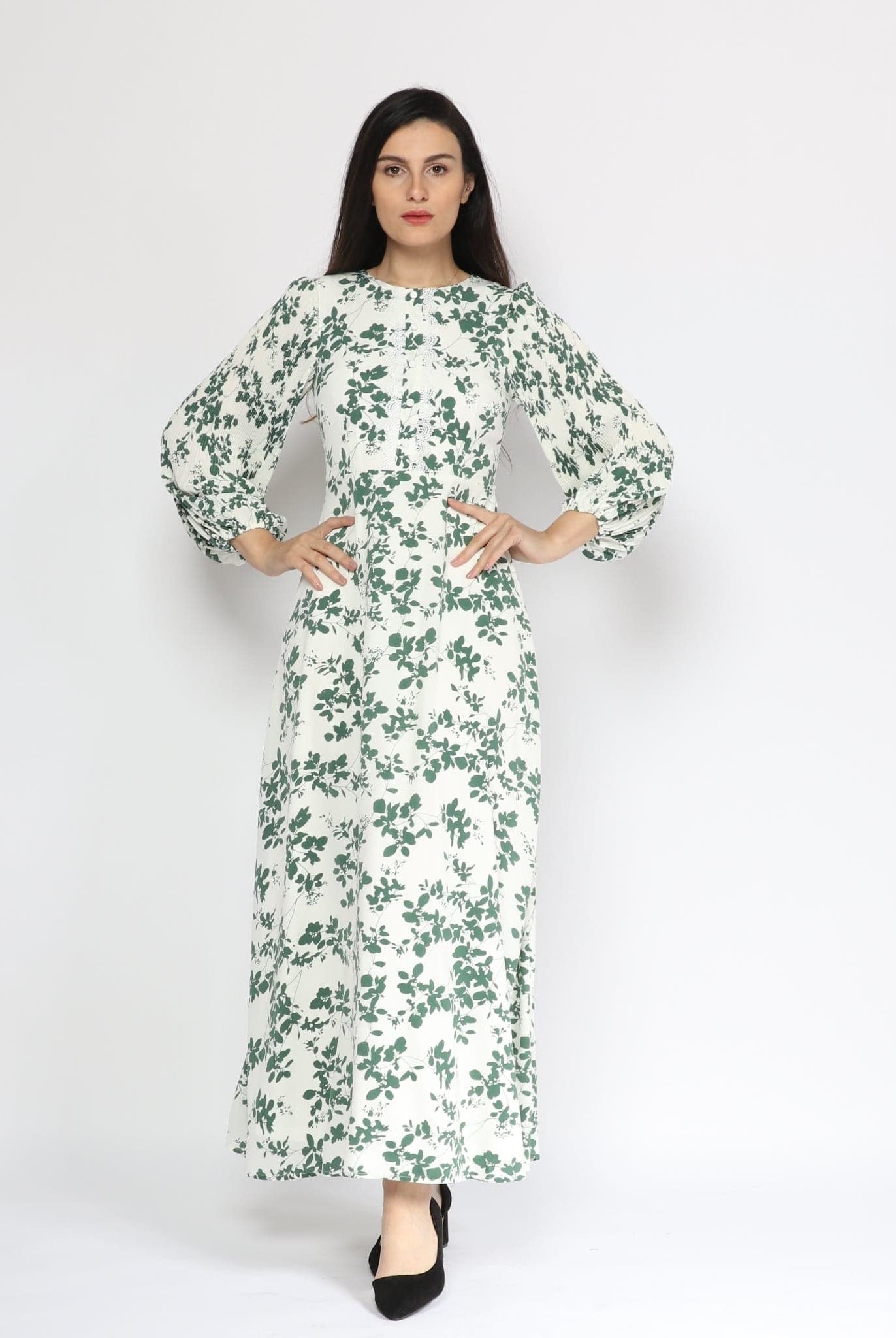 نتشي فستان ماكسي طويل الأكمام مشجر بأزرار أمامية