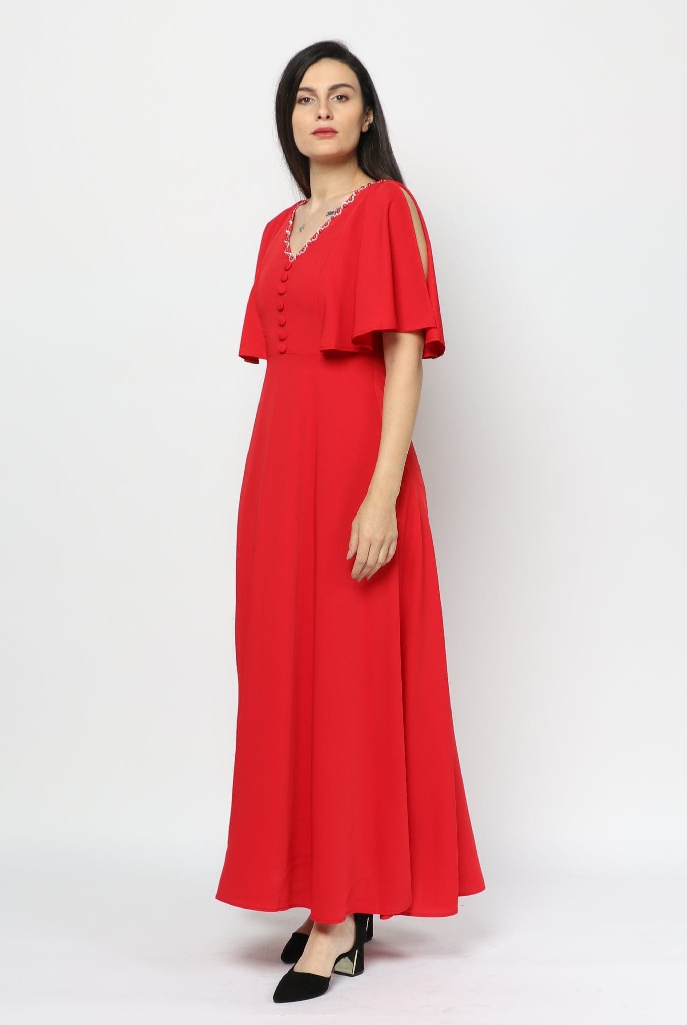 نتشي فستان رسمي طويل بكم منفوخ