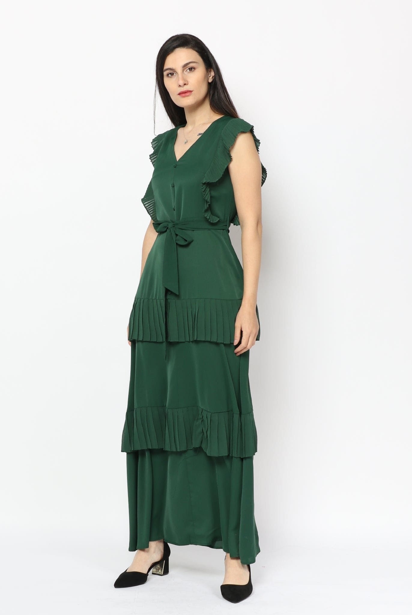 نتشي فستان طويل بحزام على الخصر بدون كم