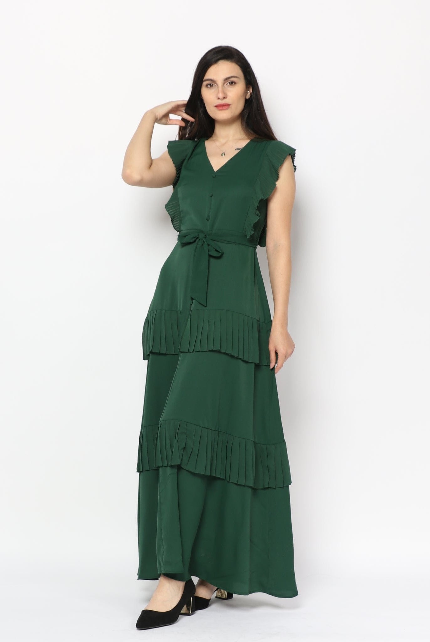 نتشي فستان طويل بحزام على الخصر بدون كم