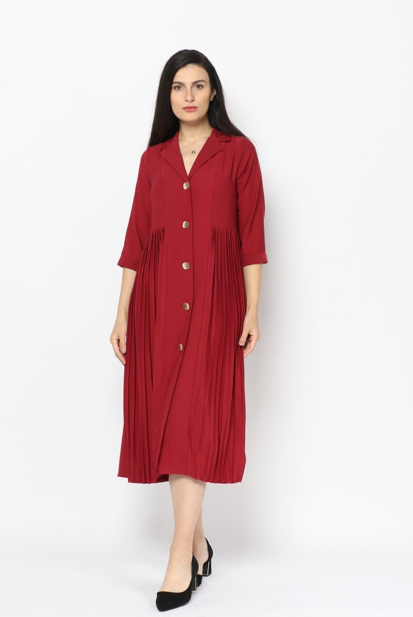 نتشي فستان ميدي بوليستر بليسيه بزراير كم واسع قصير