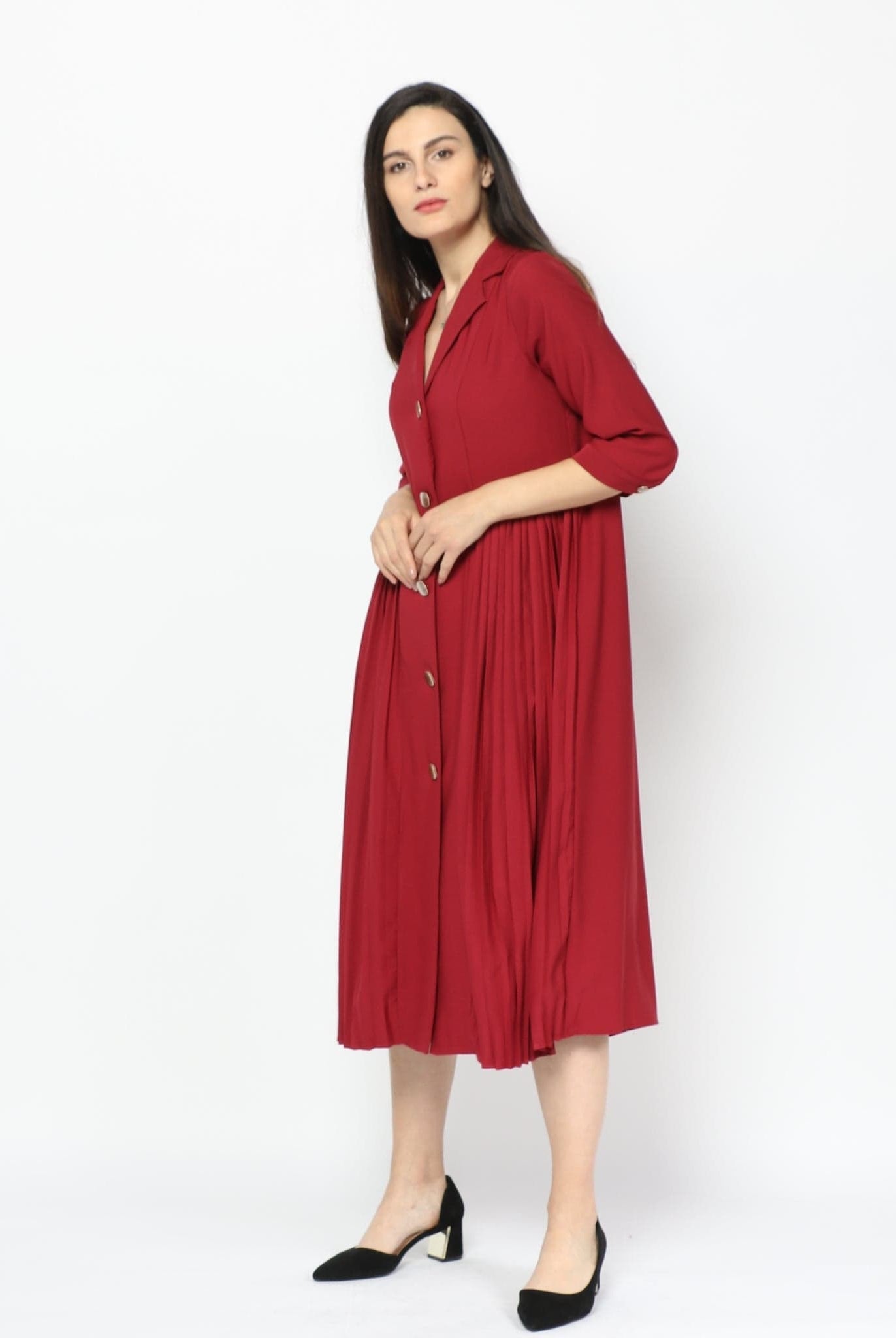 نتشي فستان ميدي بوليستر بليسيه بزراير كم واسع قصير