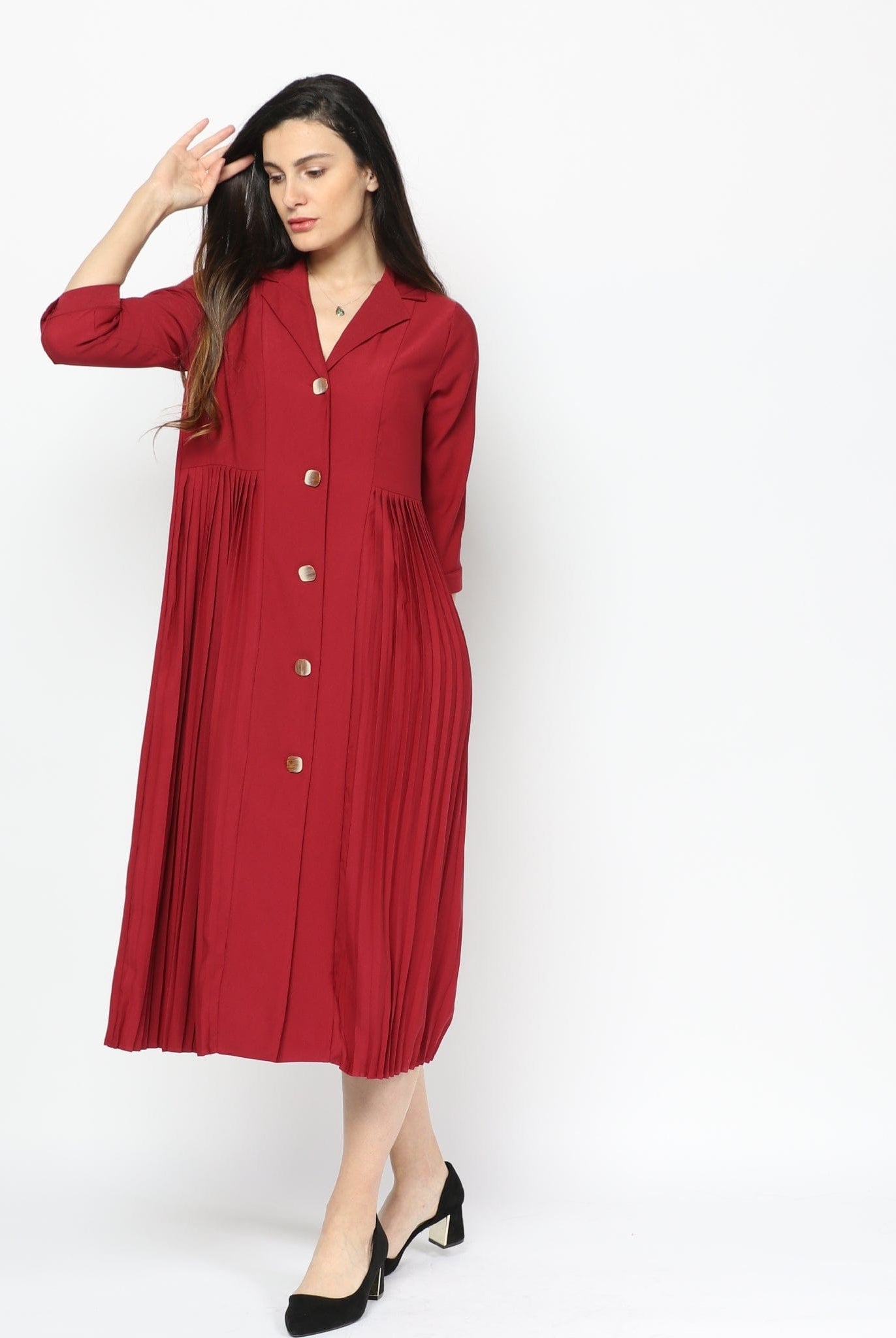 نتشي فستان ميدي بوليستر بليسيه بزراير كم واسع قصير