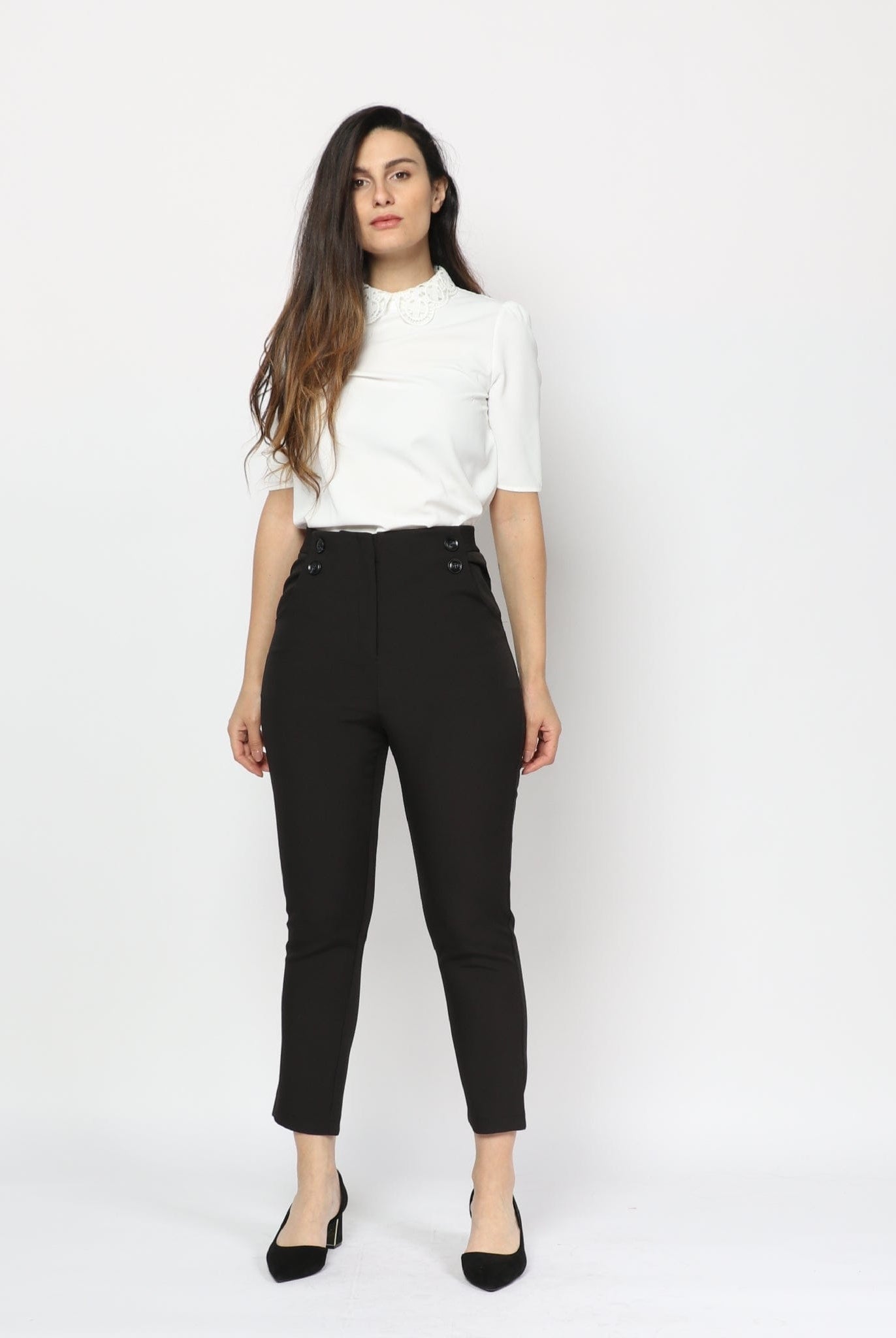 نتشي بنطلون سادة خصر مرتفع بجيوب طويل نسائي