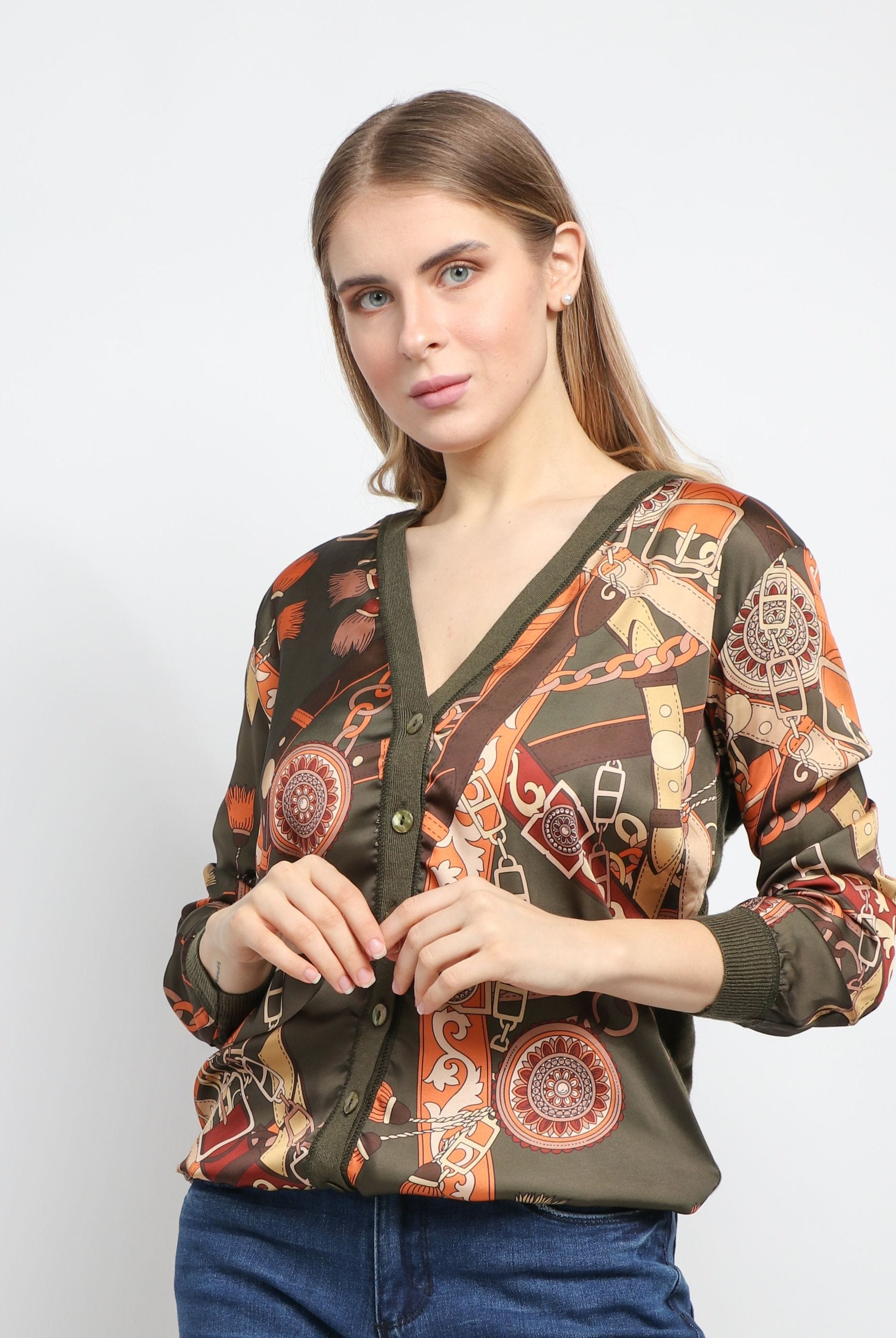 داليدرس كارديجان قصير بأزرار أمامية كم طويل نسائي كاكي/برتقالي