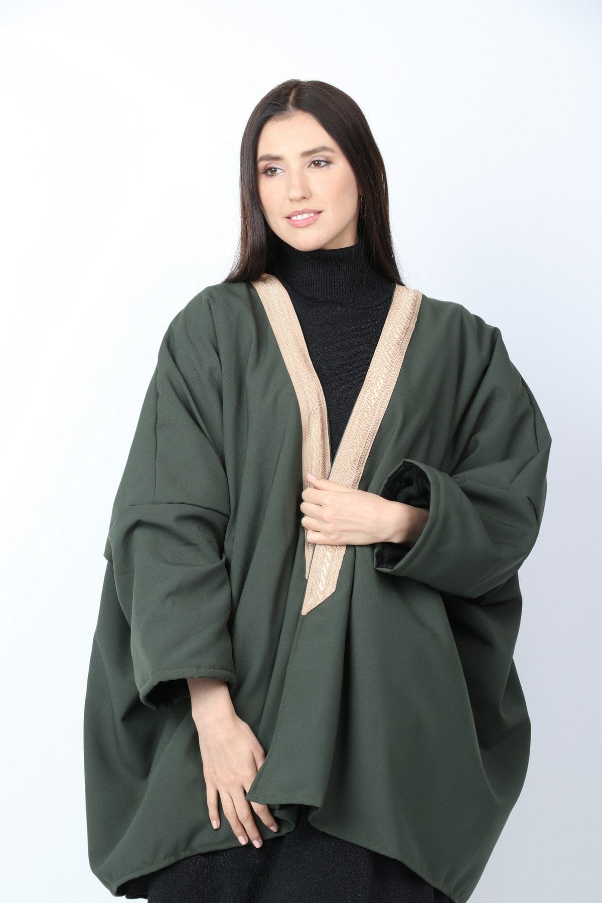 يوريكا جاكيت نسائي طويل واسع ياقة مطرزة أخضر