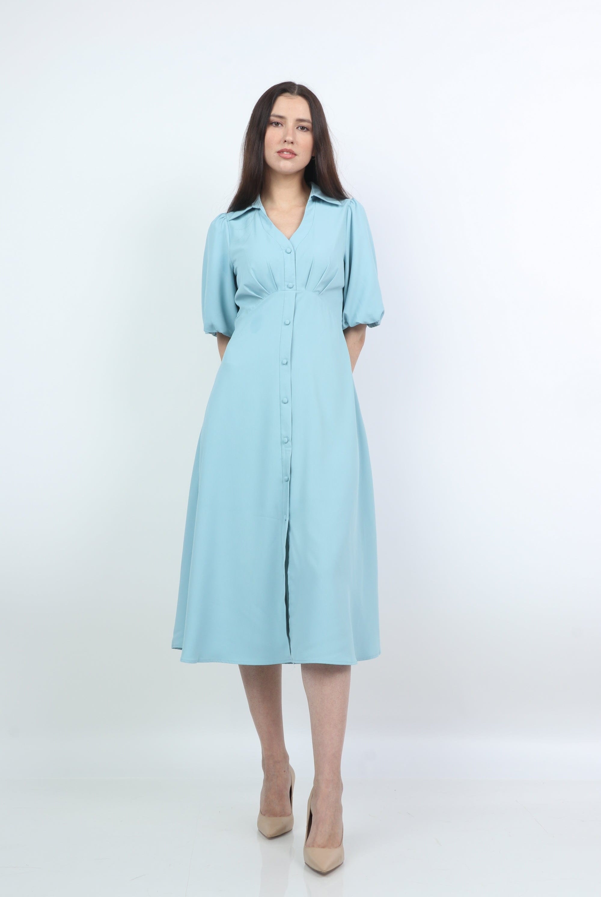 ميكا فستان ميدي سادة مخصر بأزرار أمامية كم قصير بف نسائي ازرق/زهري