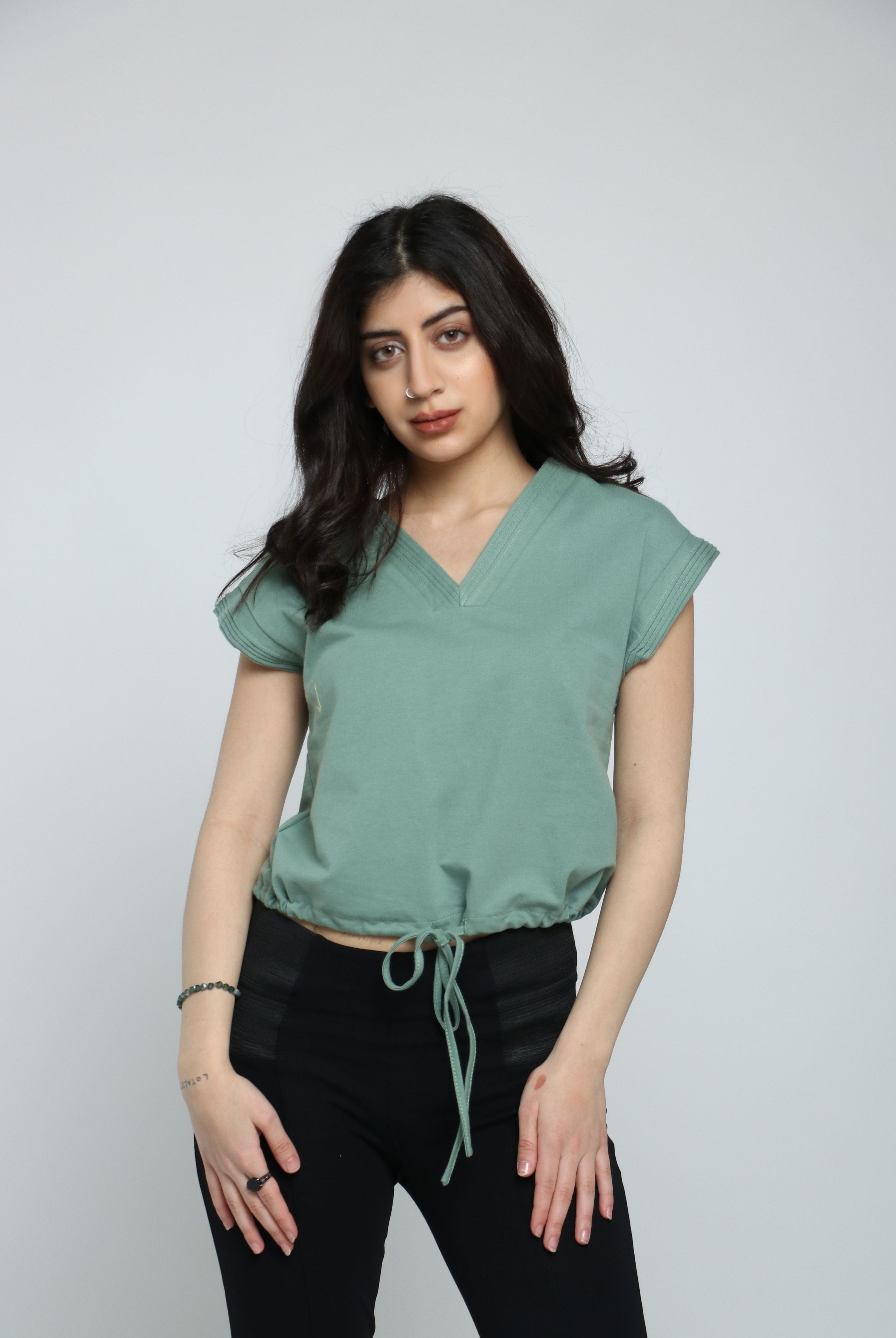 كيتشن بلوزة قطن سبعة كم قصير برباط على الخصر نسائي