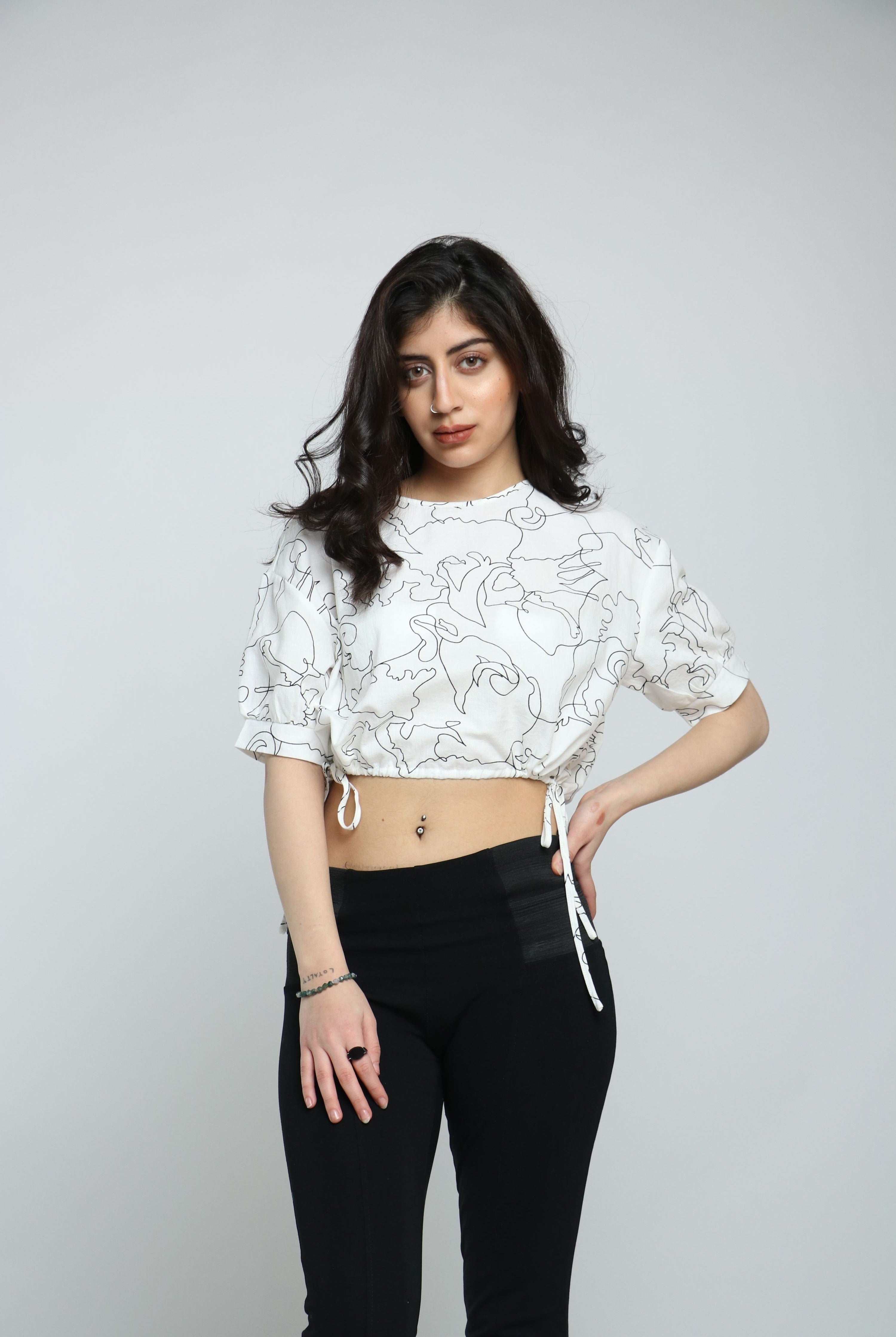 كيتشن بلوزة نص بطن نص كم برباط على الخصر نسائي أبيض