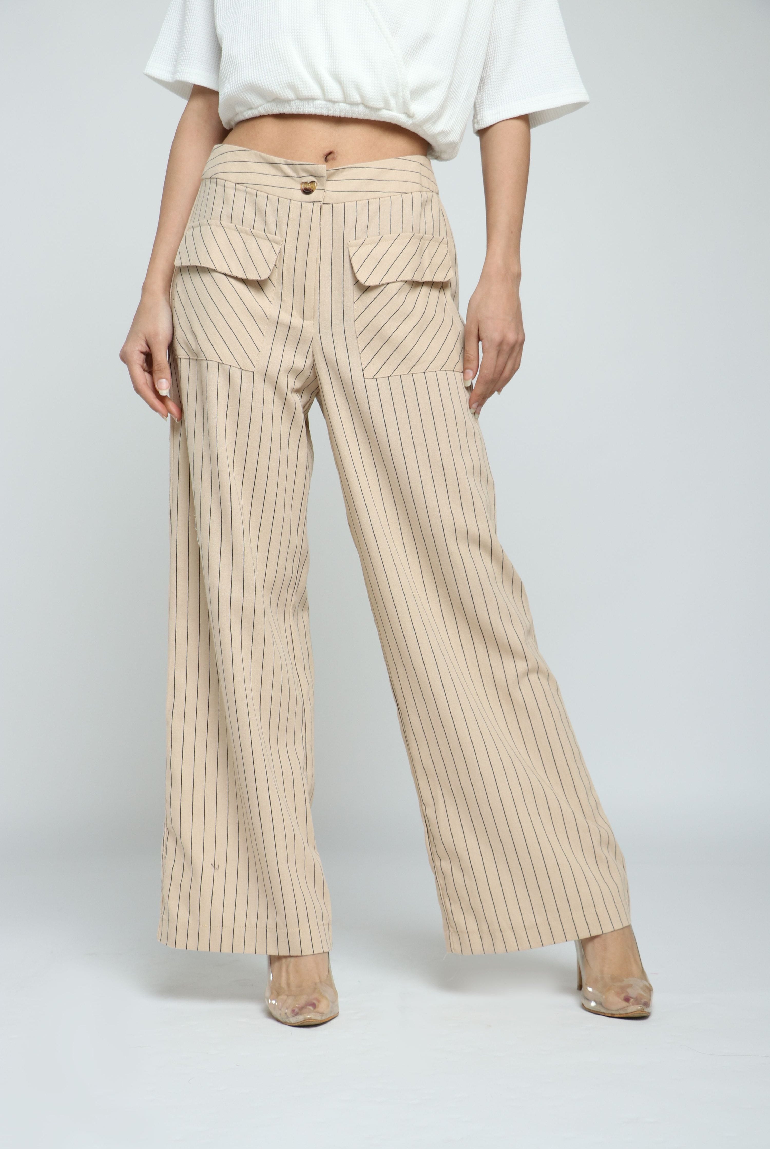 كيتشن سروال مخطط مع جيوب أمامية وزرار واسع طويل نسائي