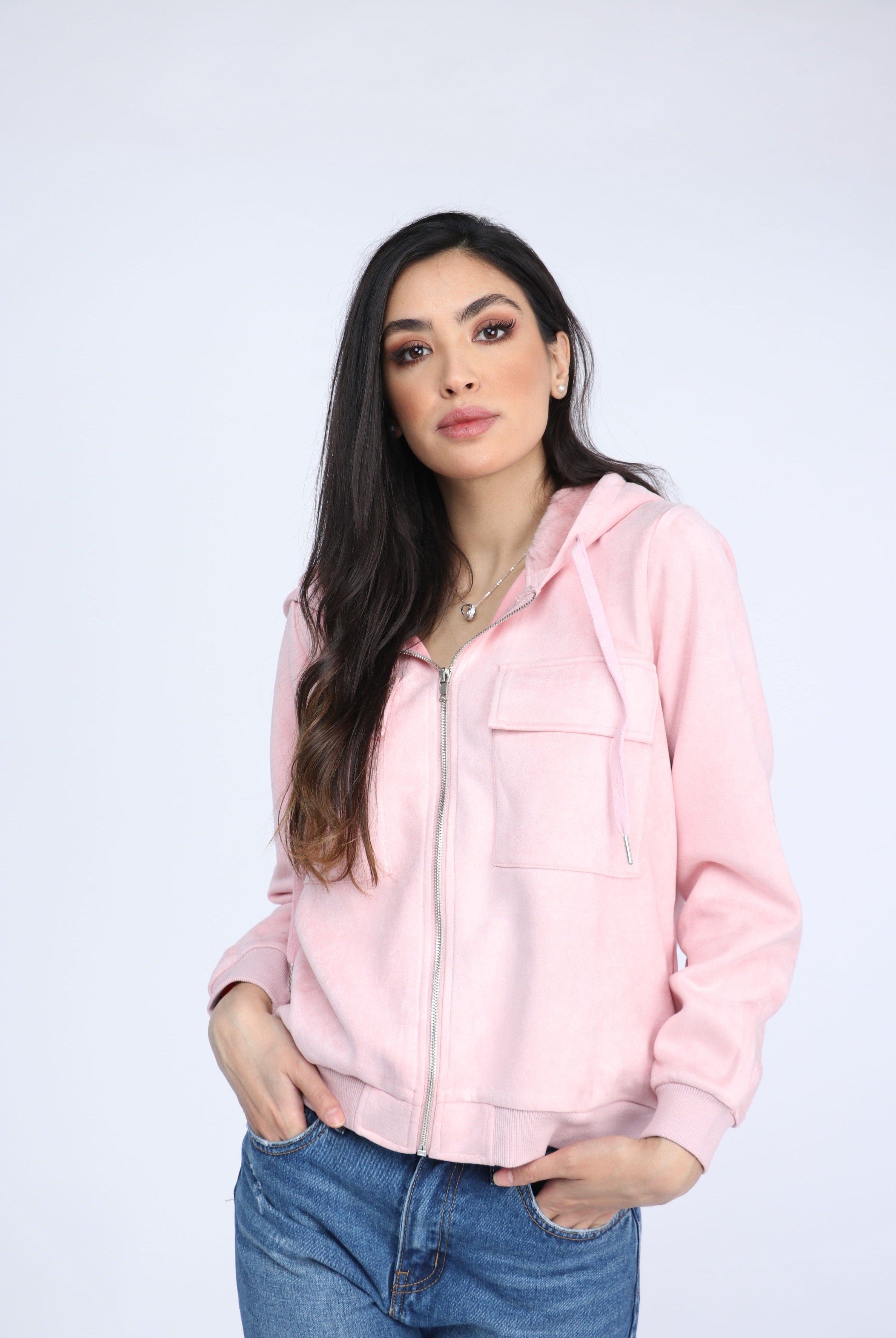 ميكا سترة سادة بسحاب بجيوب أمامية بأكمام طويلة