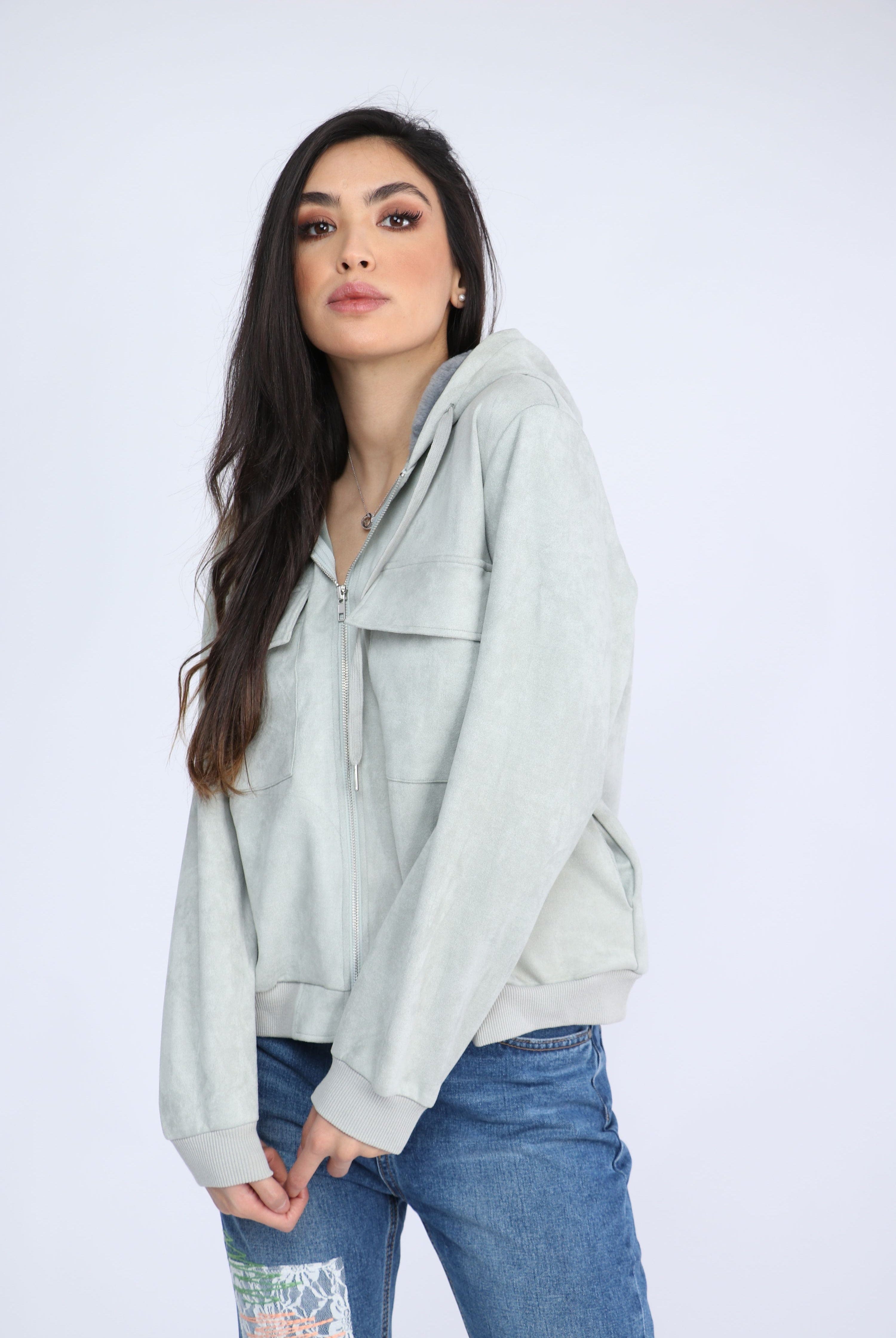 ميكا سترة سادة بسحاب بجيوب أمامية بأكمام طويلة