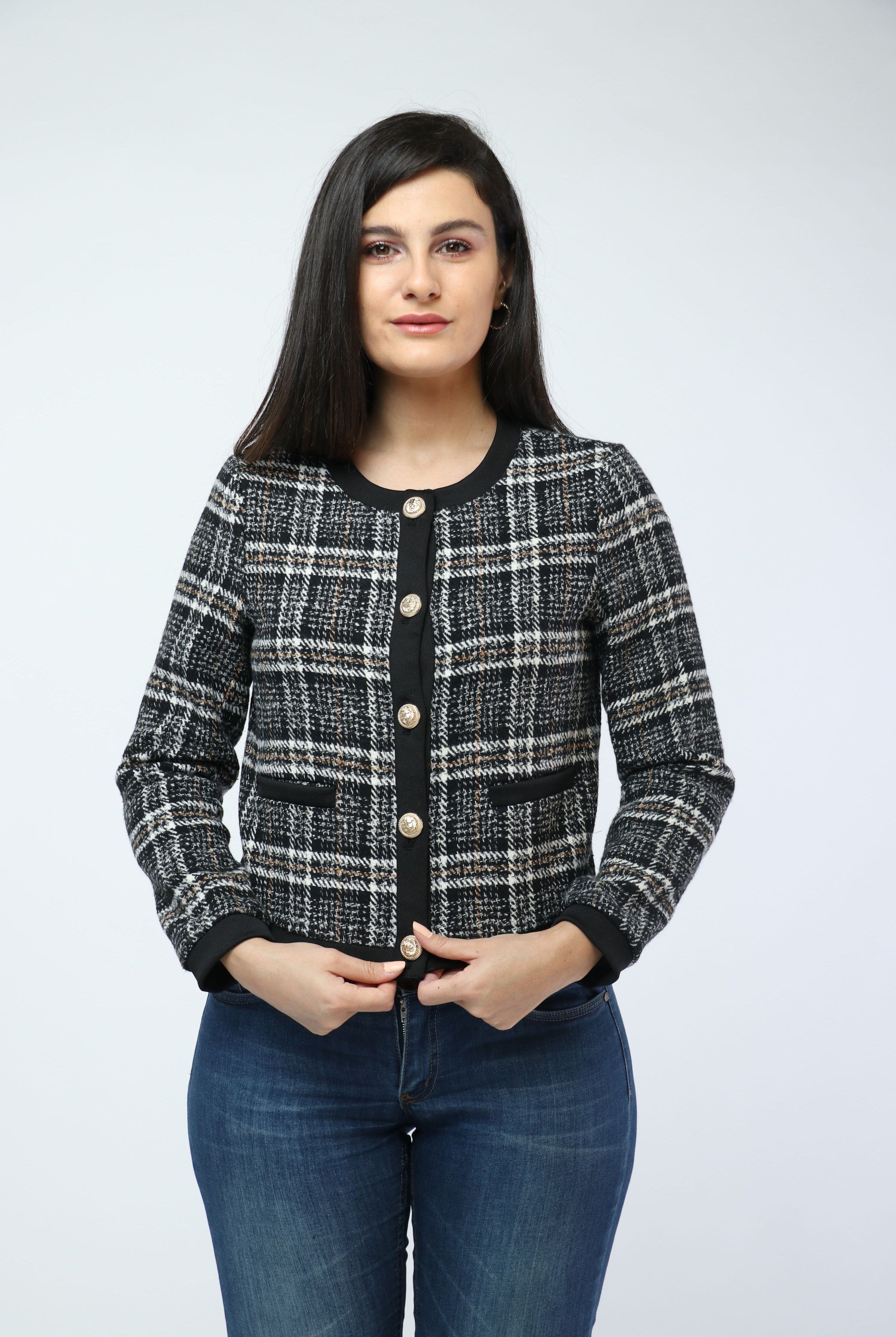 نتشي سترة مربعات بأزرار أمامية بأكمام طويلة أسود
