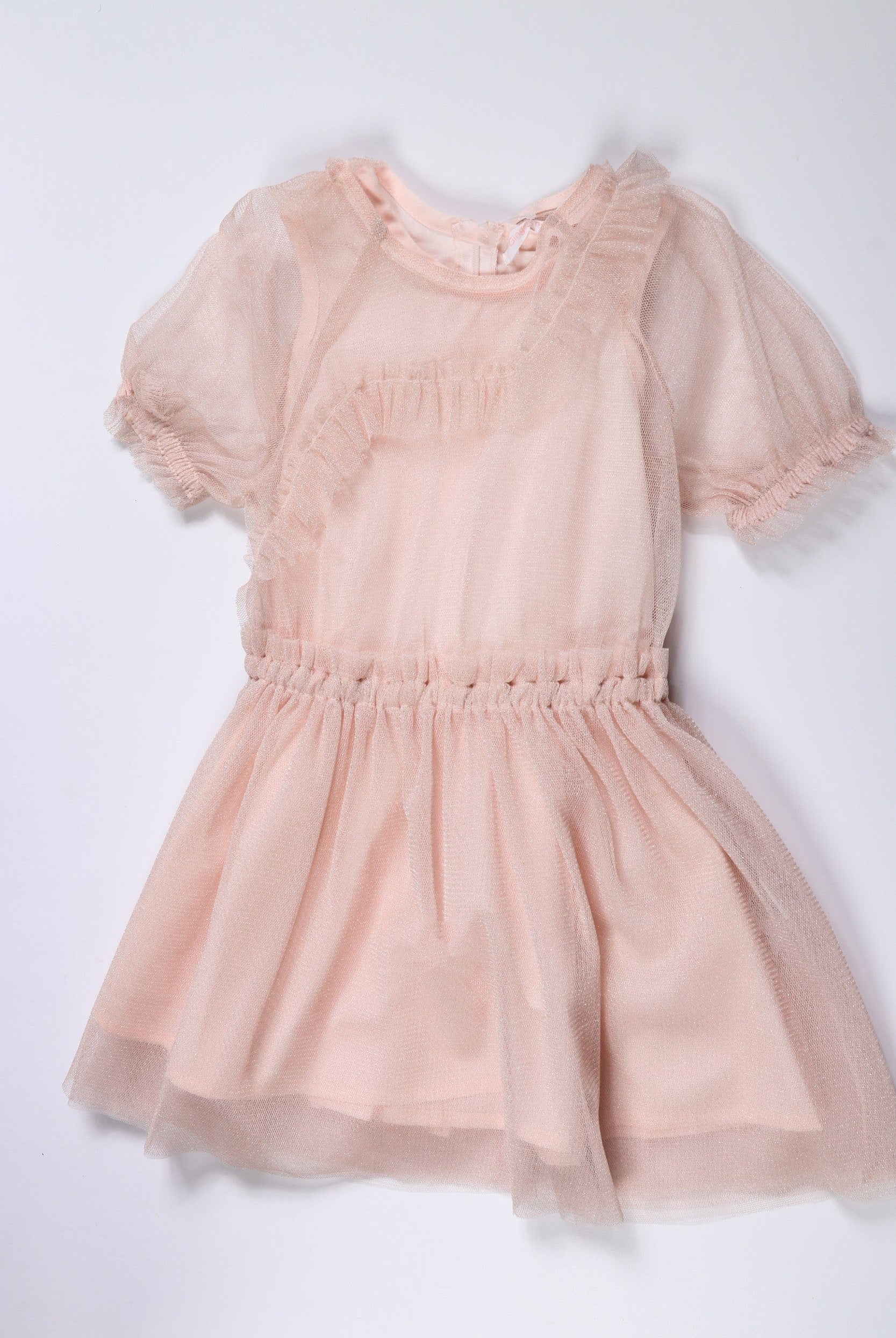 جينجرسنابس فستان بناتي دانتيل مكشكش نص كم سادة وردي