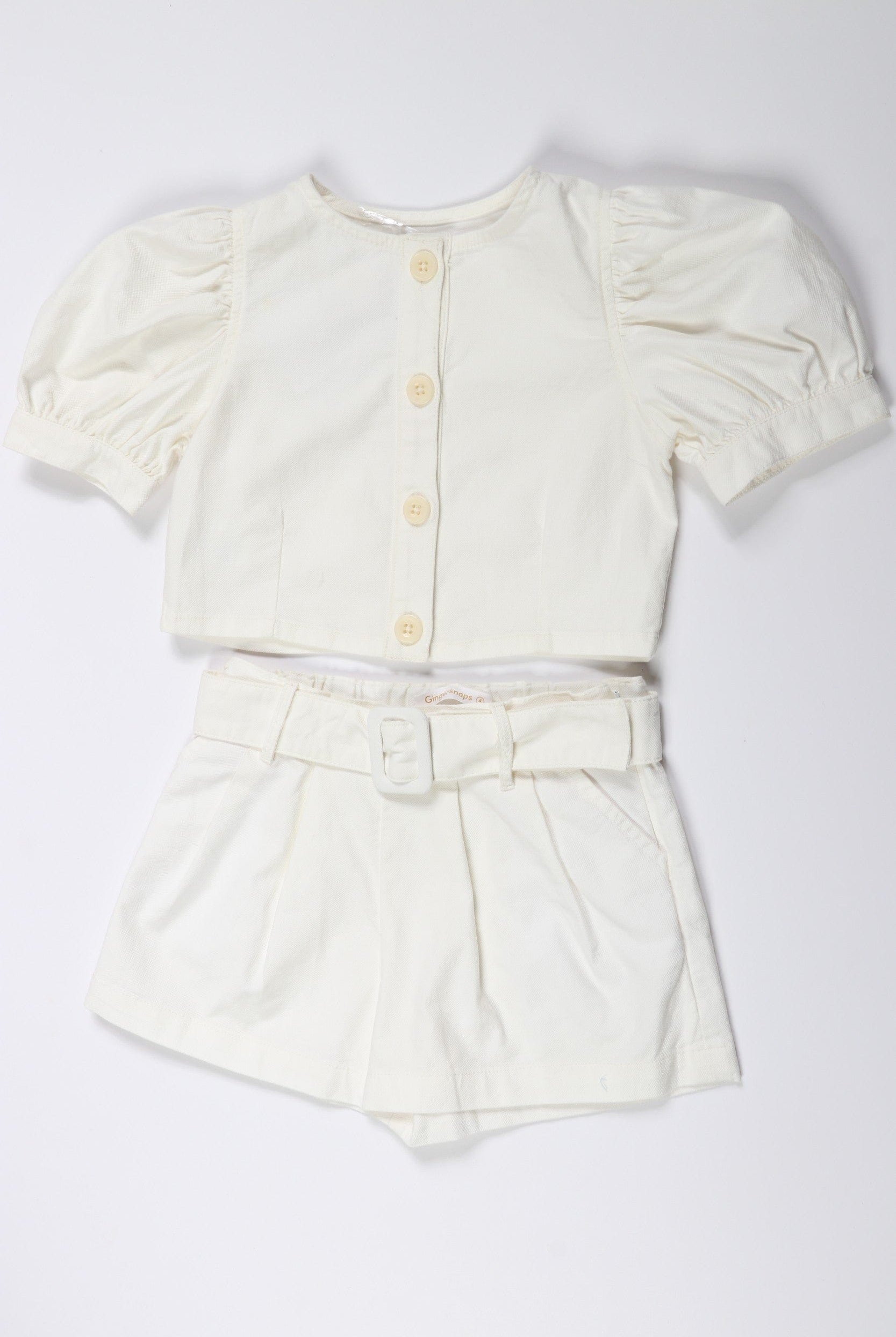جينجرسنابس طقم شورت بناتي سادة وتيشيرت بأزرار أمامية أوف وايت