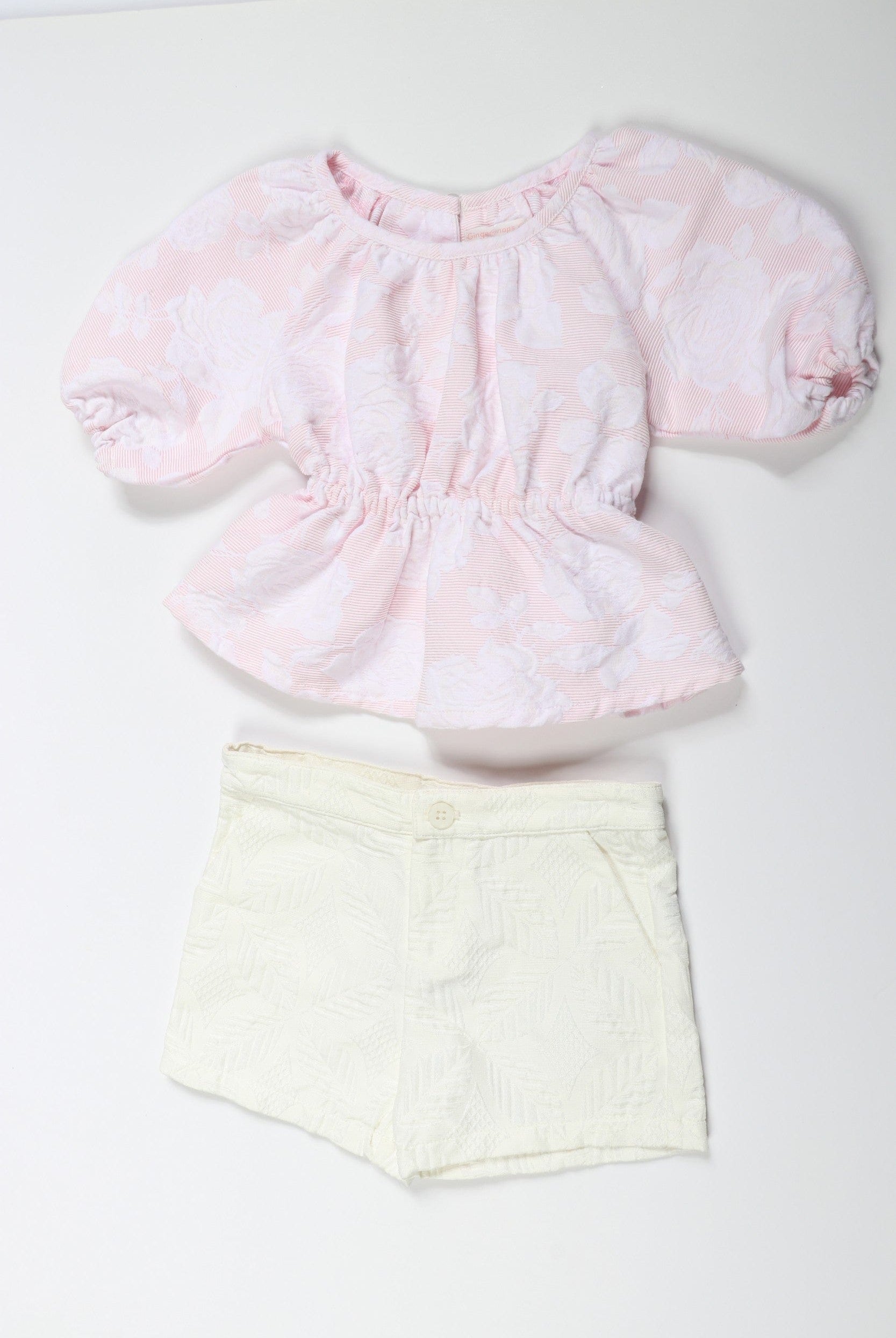 جينجرسنابس طقم شورت بناتي سادة وبلوزة مشجرة نص كم بف وردي