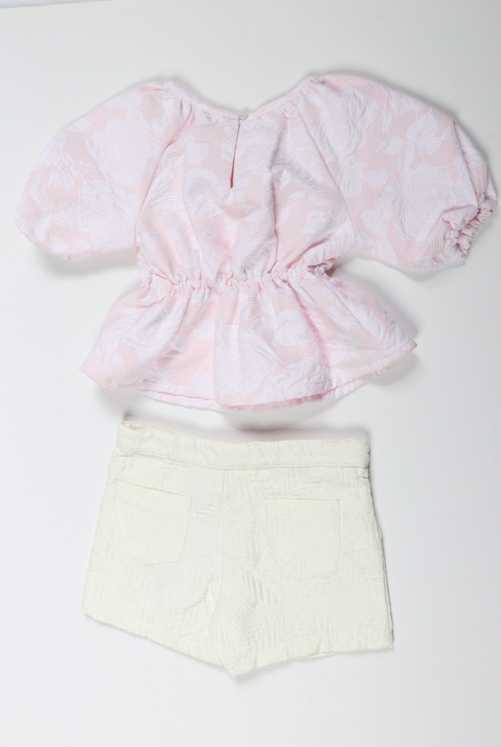 جينجرسنابس طقم شورت بناتي سادة وبلوزة مشجرة نص كم بف وردي