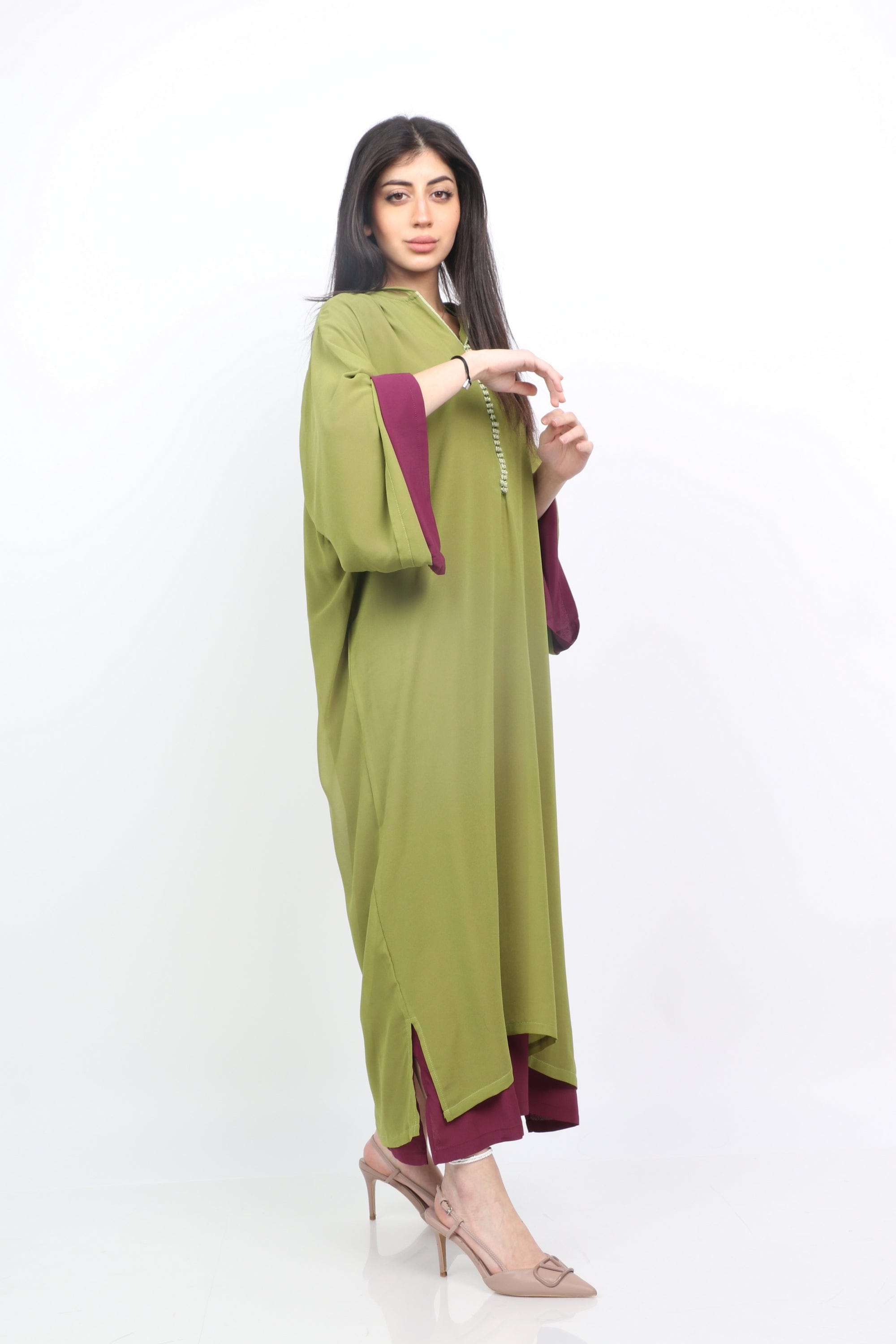 ديامانتين عباية واسعة سادة طويلة ملونة أكمام طويلة مع خط زيتوني