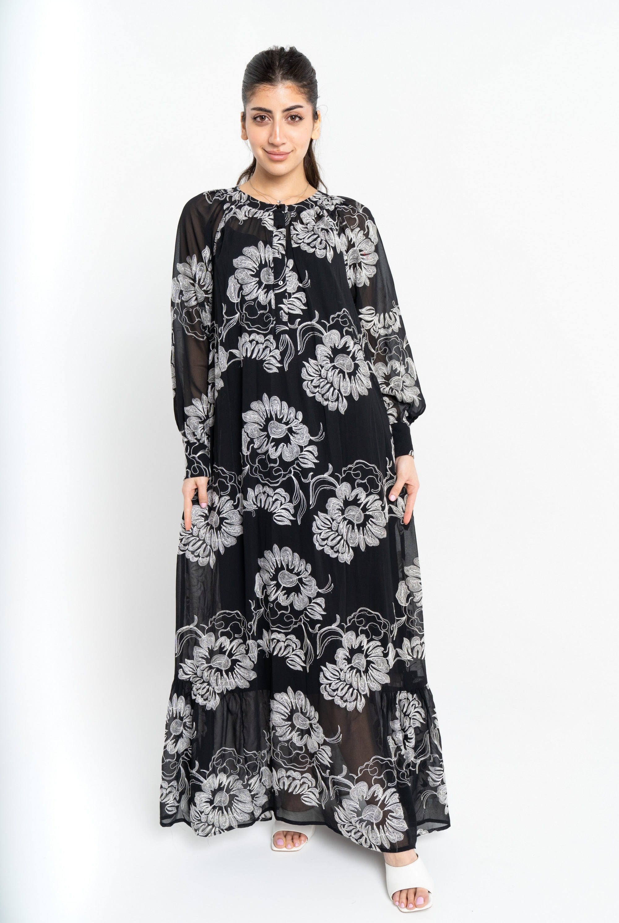 نتشي فستان ماكسي شفاف مورد كم طويل بف نسائي